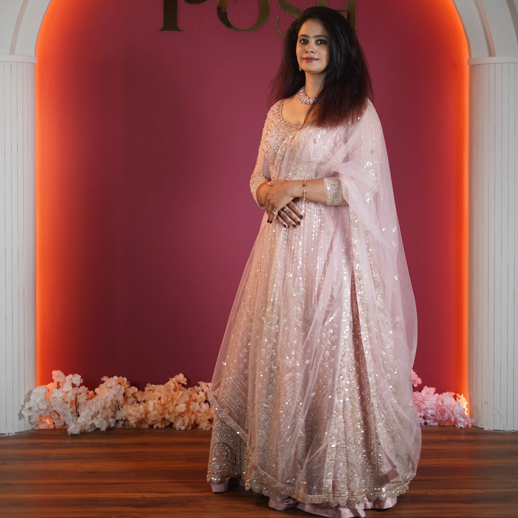 blush pink embroidered designer gown with dupatta available at Posh Wedding Rental Kerala gown rental