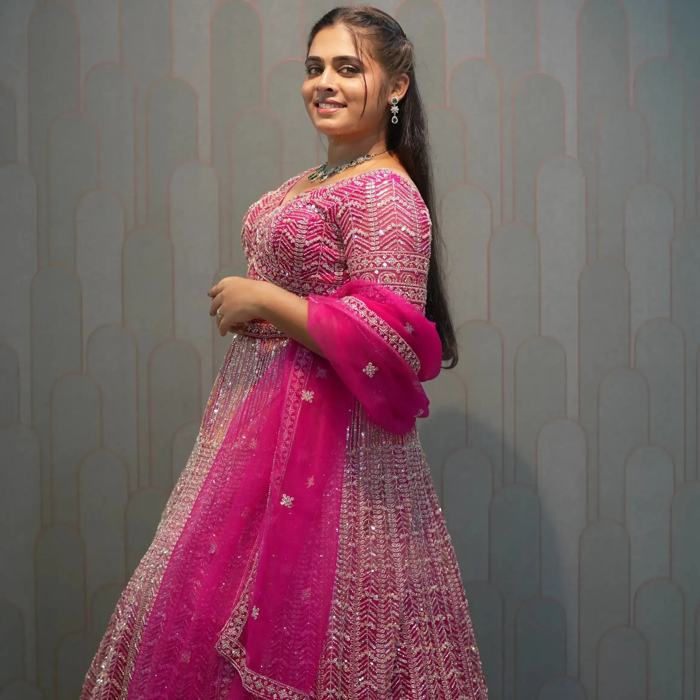 pink embellished crop top wedding outfit rentals kerala
