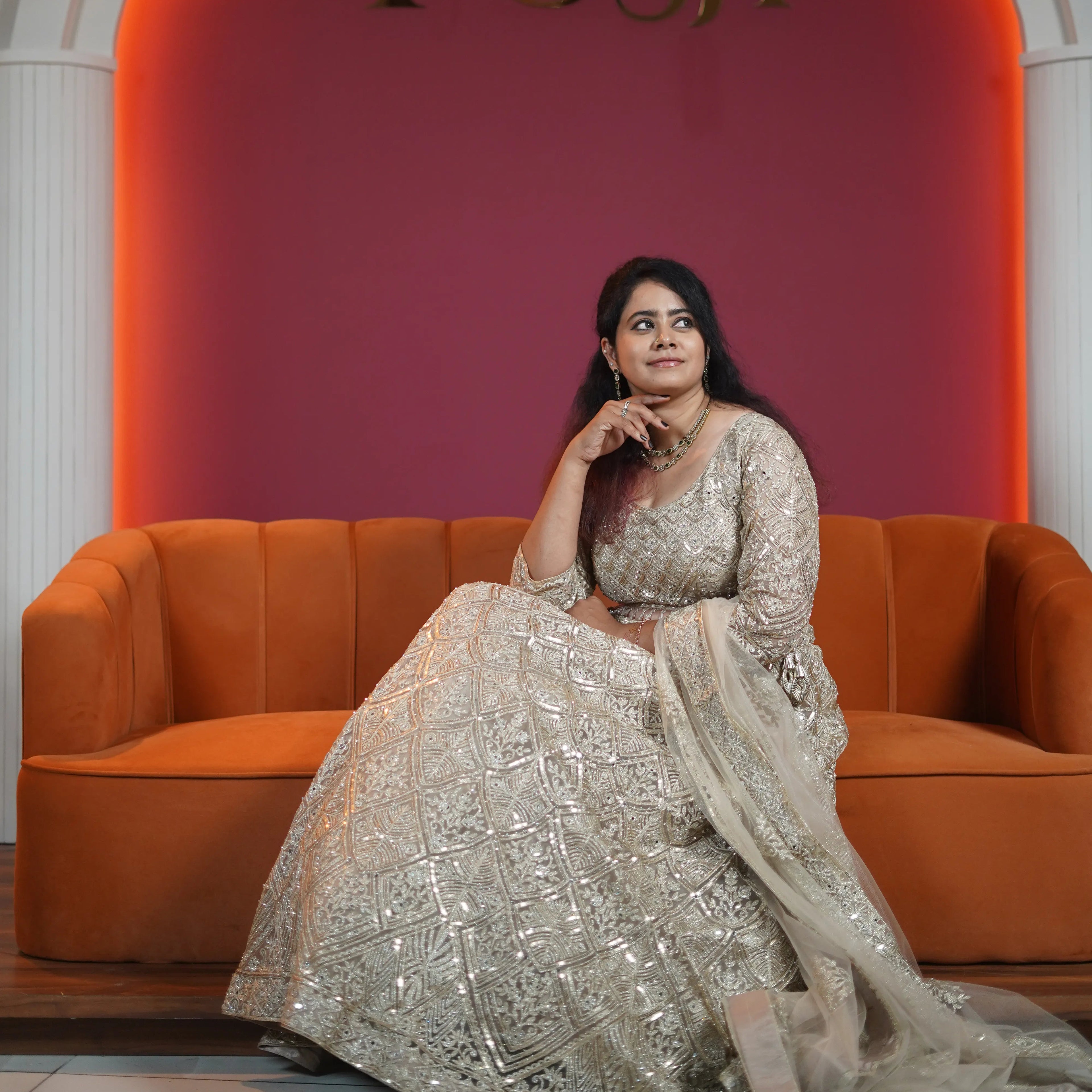 champagne gold embroidered designer lehenga with dupatta available at Posh Wedding Rental Kerala lehenga rental