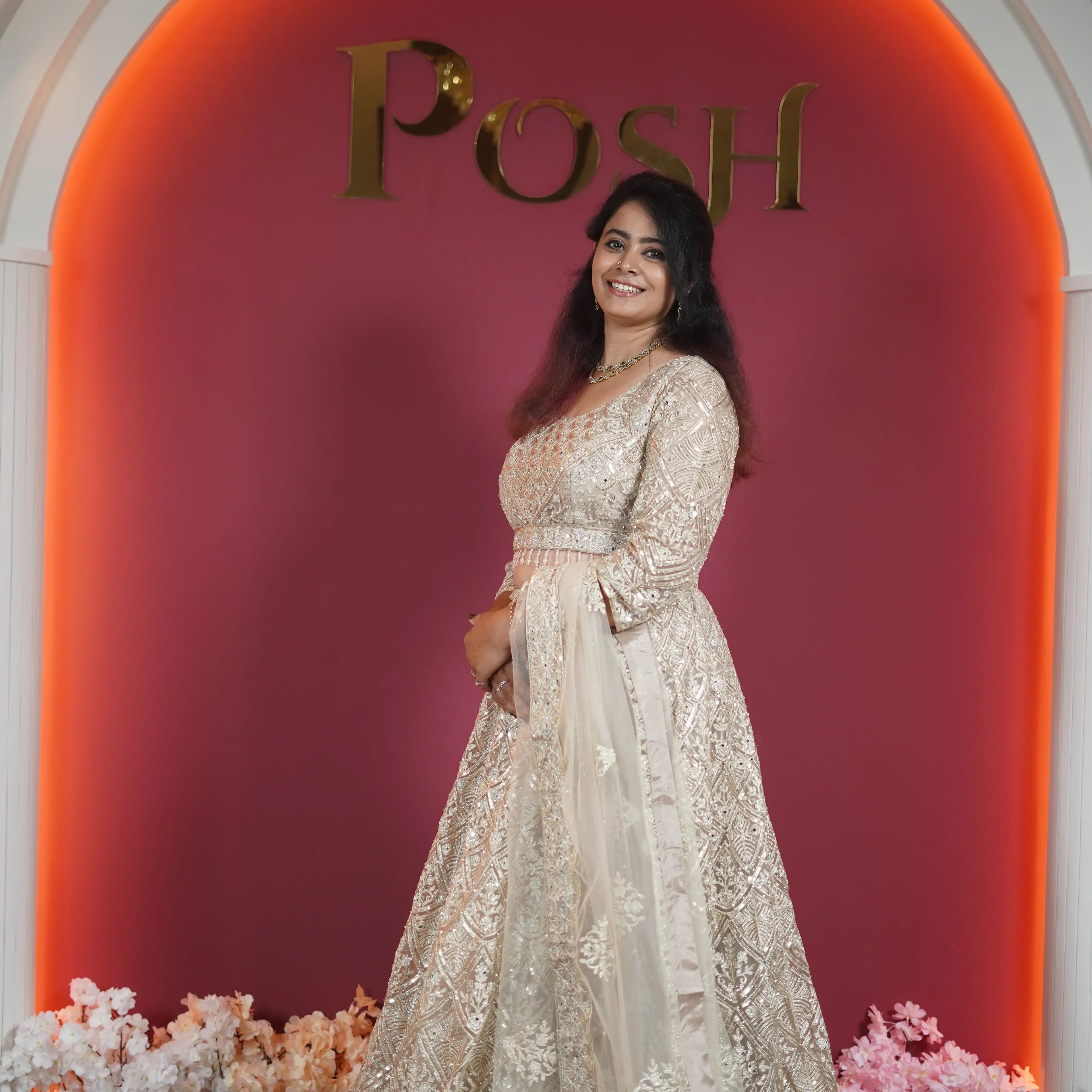 champagne gold embroidered designer lehenga with dupatta available at Posh Wedding Rental Kerala lehenga rental