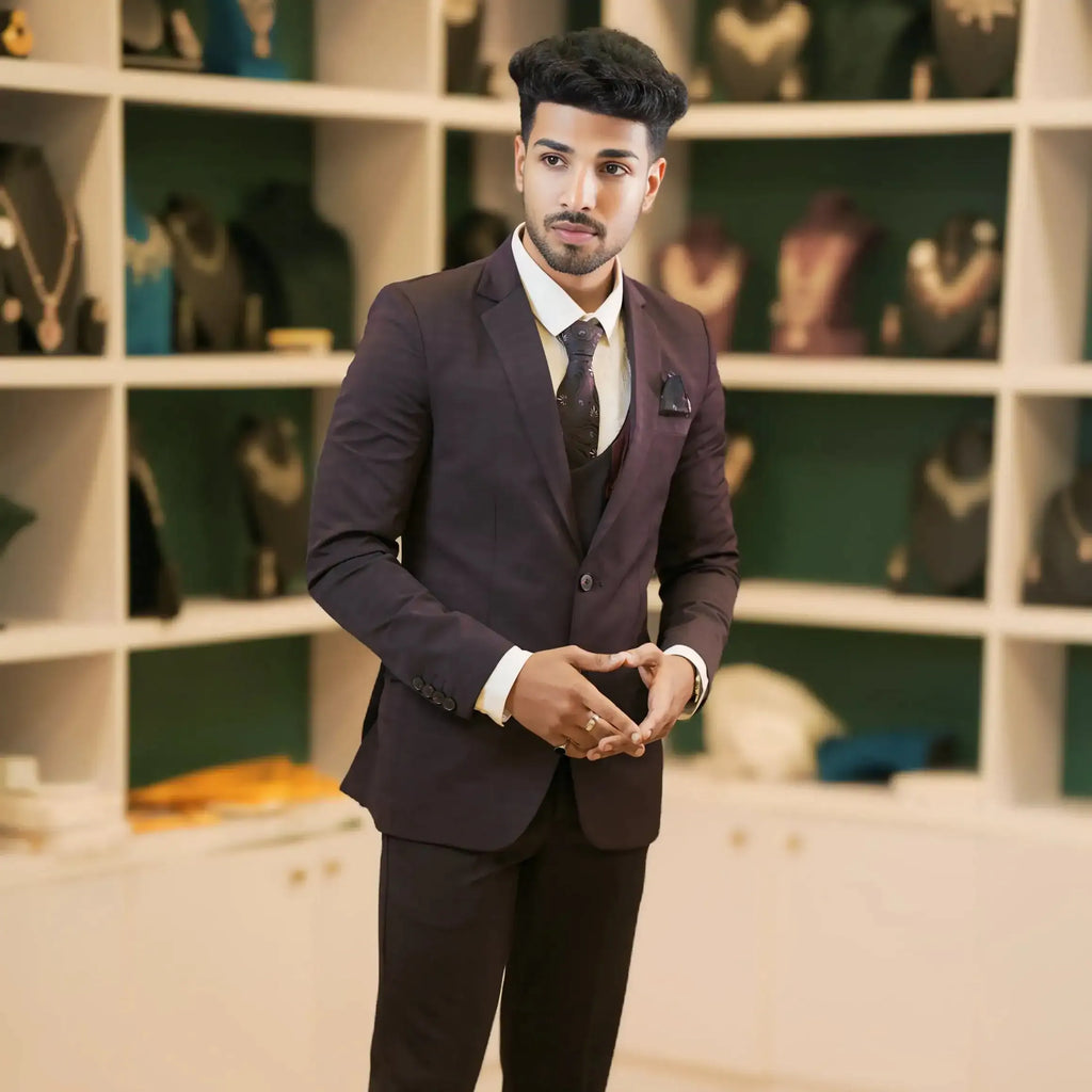 chocolate brown three piece suit rental Kerala