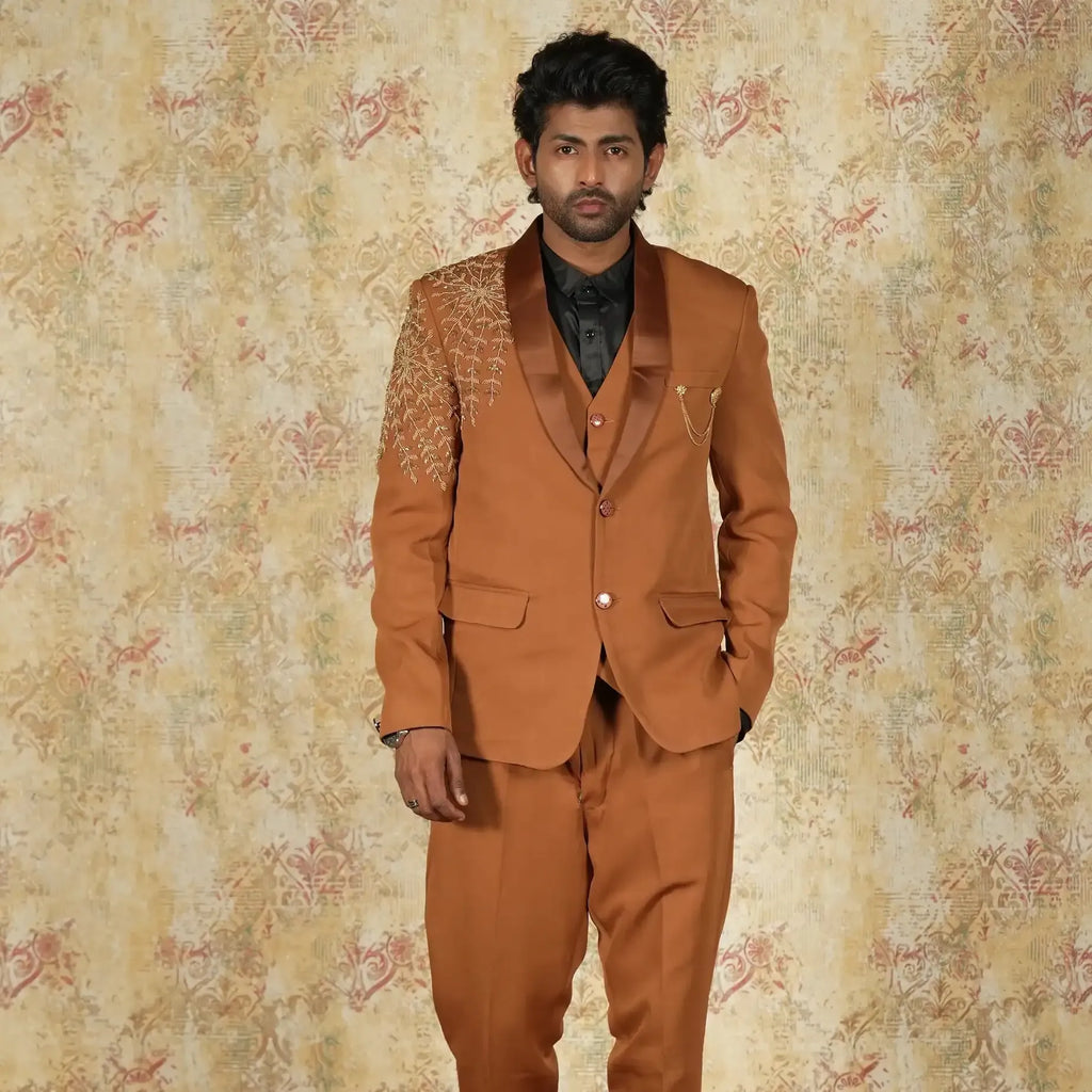 Copper brown three piece wedding tuxedo suit