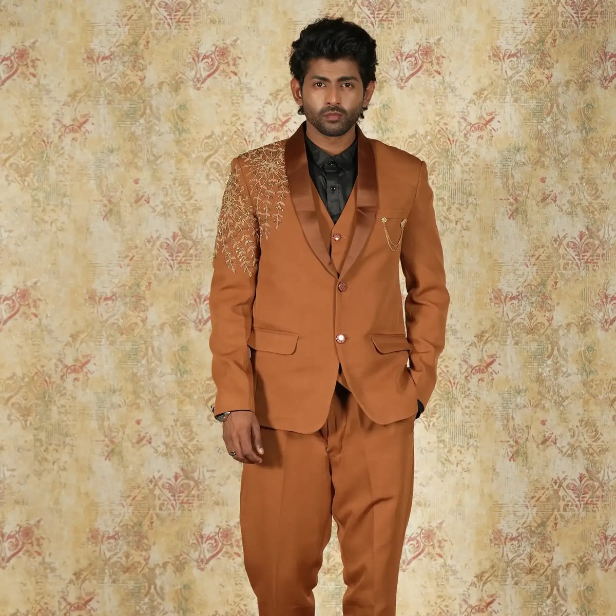 Copper brown three piece wedding tuxedo suit