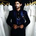 Dark blue classy wedding suit with satin shawl lapel