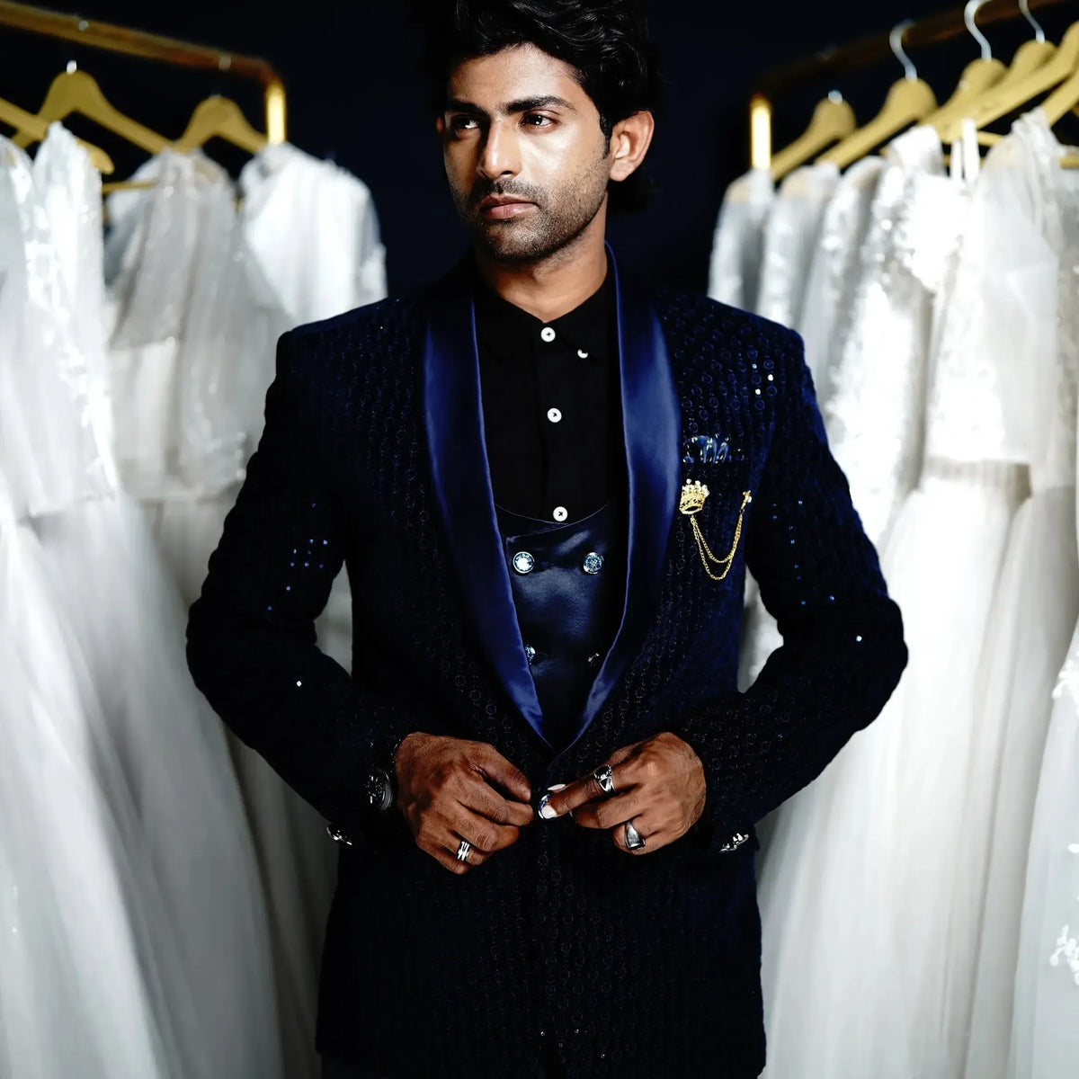 Dark blue classy wedding suit with satin shawl lapel