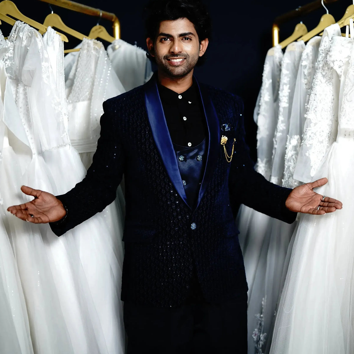 Dark blue designer suit for men with textured finish
