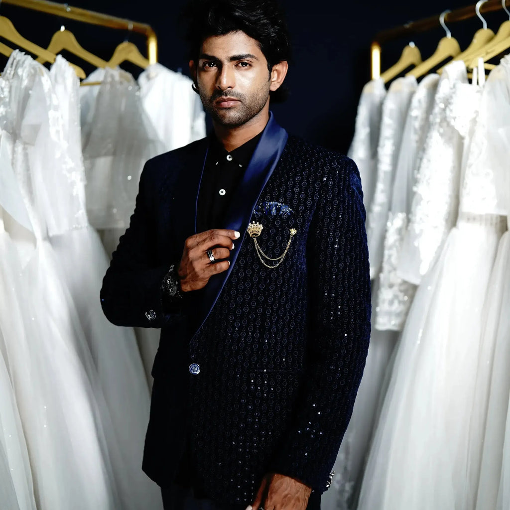 Dark blue groom suit for wedding reception