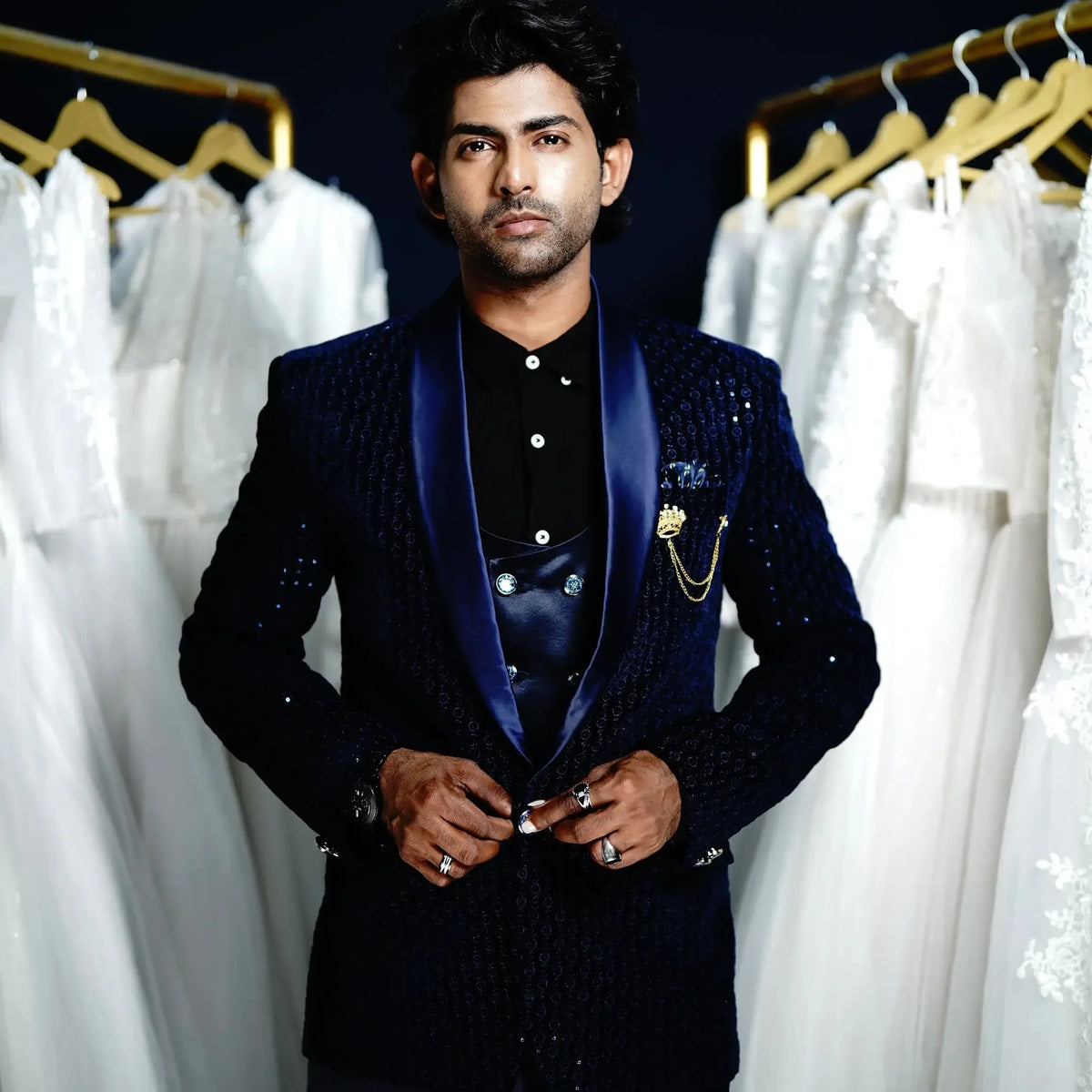 Dark blue wedding suit rental with matching waistcoat