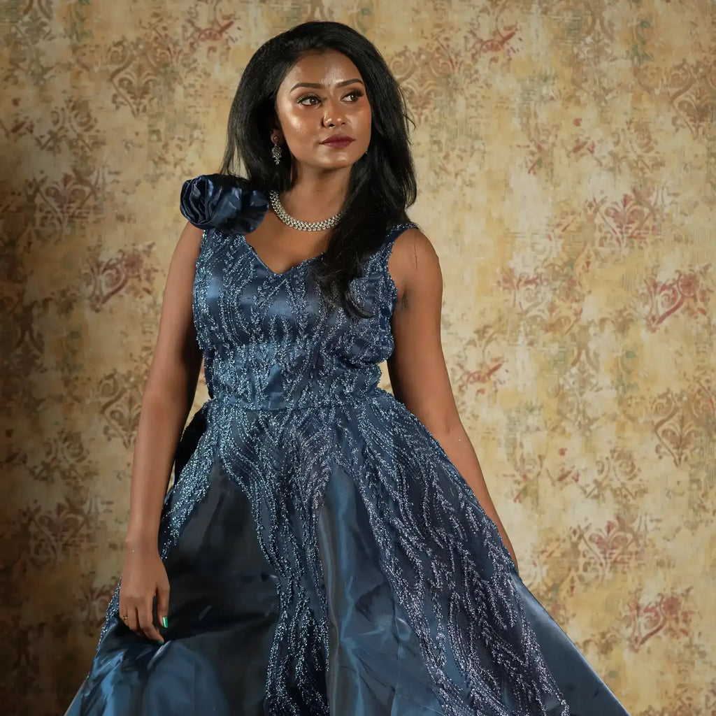 elegant blue gown wedding outfit rentals evening party dress kerala