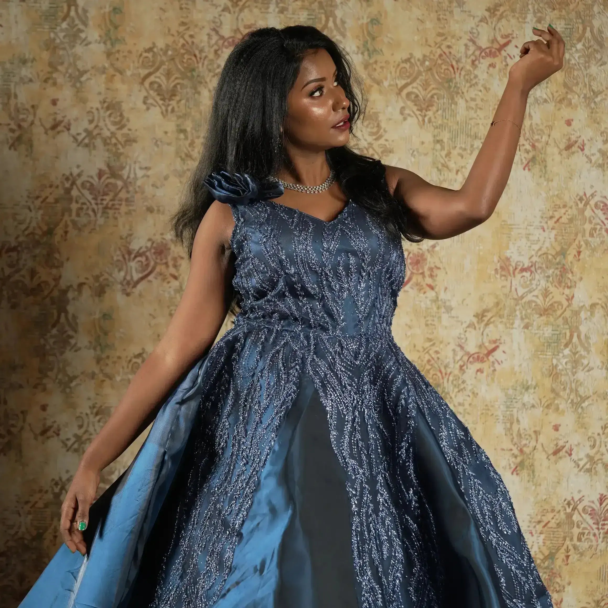 women wearing blue gown wedding clothes rental reception fashion look