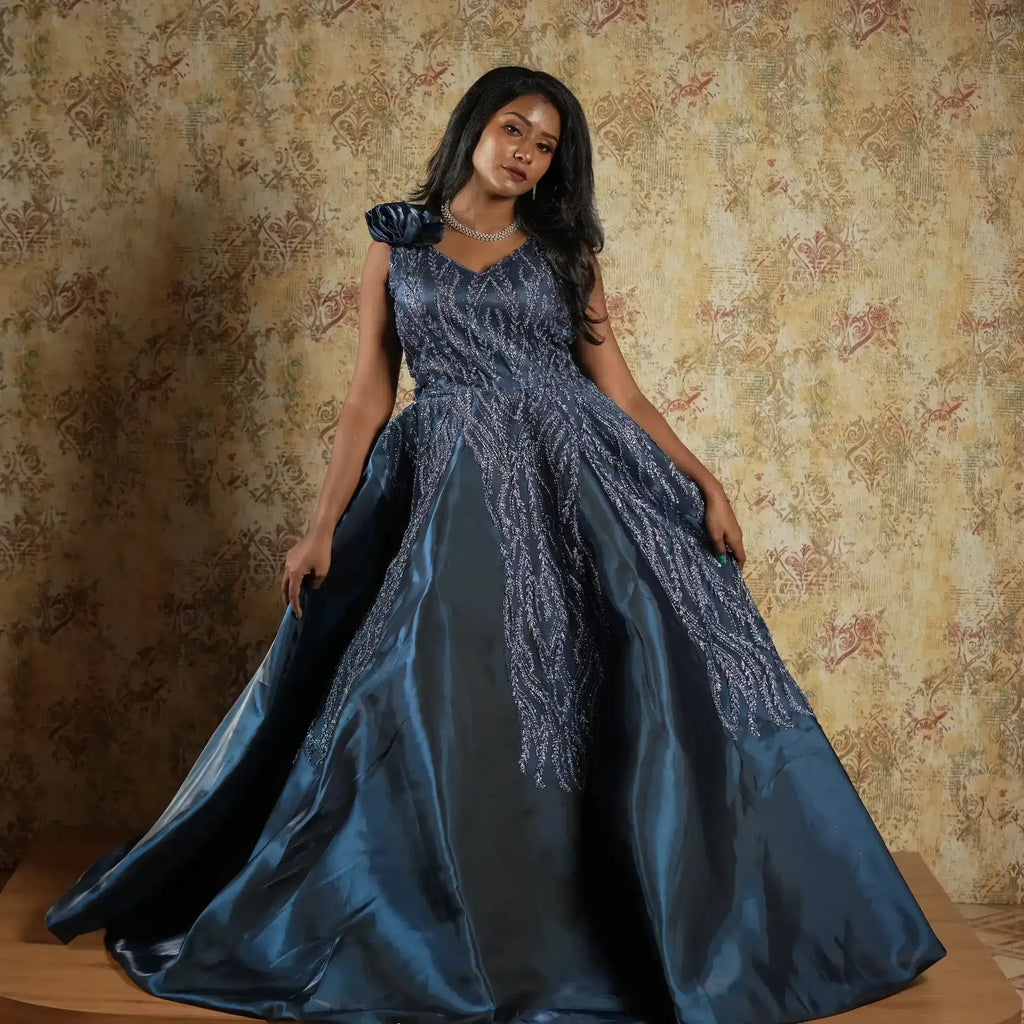 dark blue designer gown wedding dress rental kerala reception wear