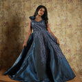 dark blue designer gown wedding dress rental kerala reception wear