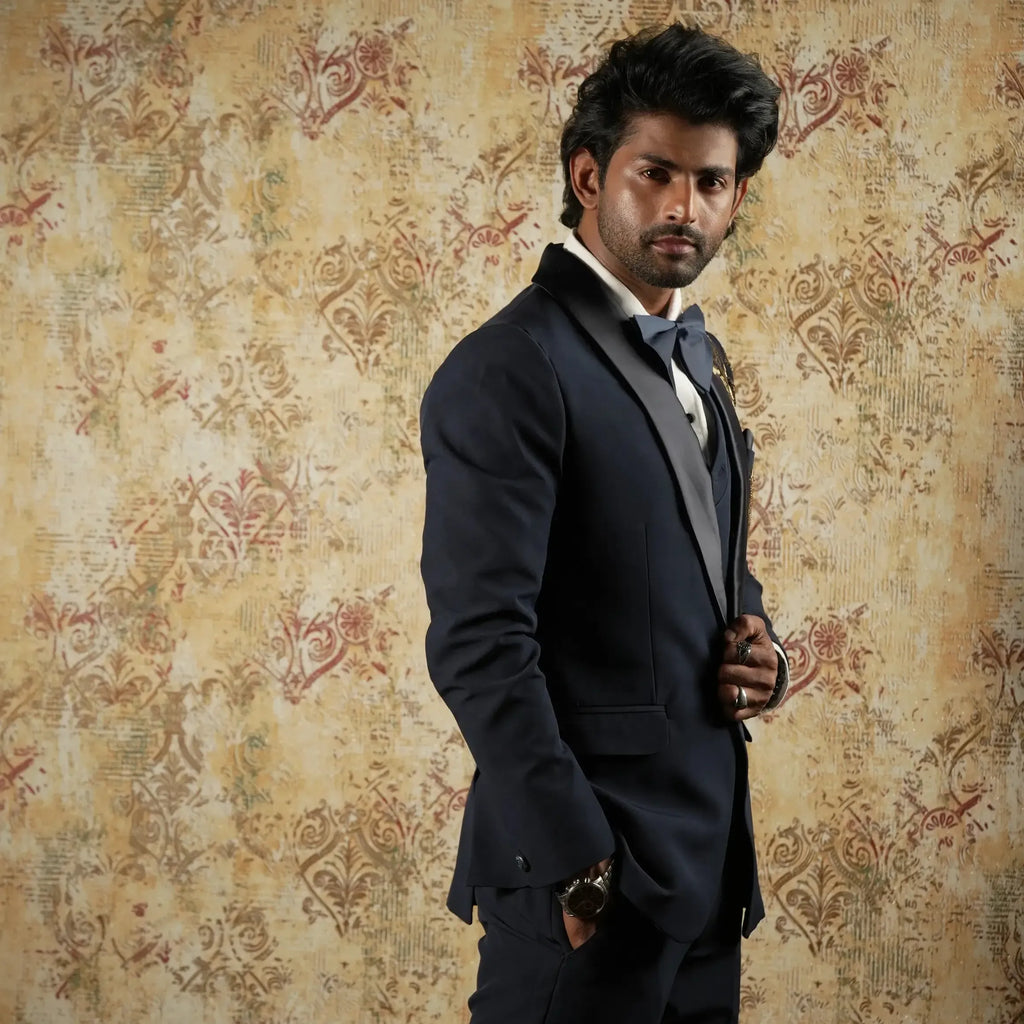 Dark blue designer groom suit with shawl lapel