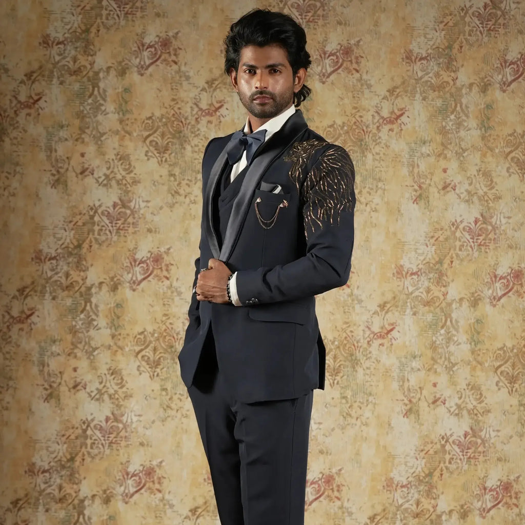 Dark blue groom tuxedo for wedding reception