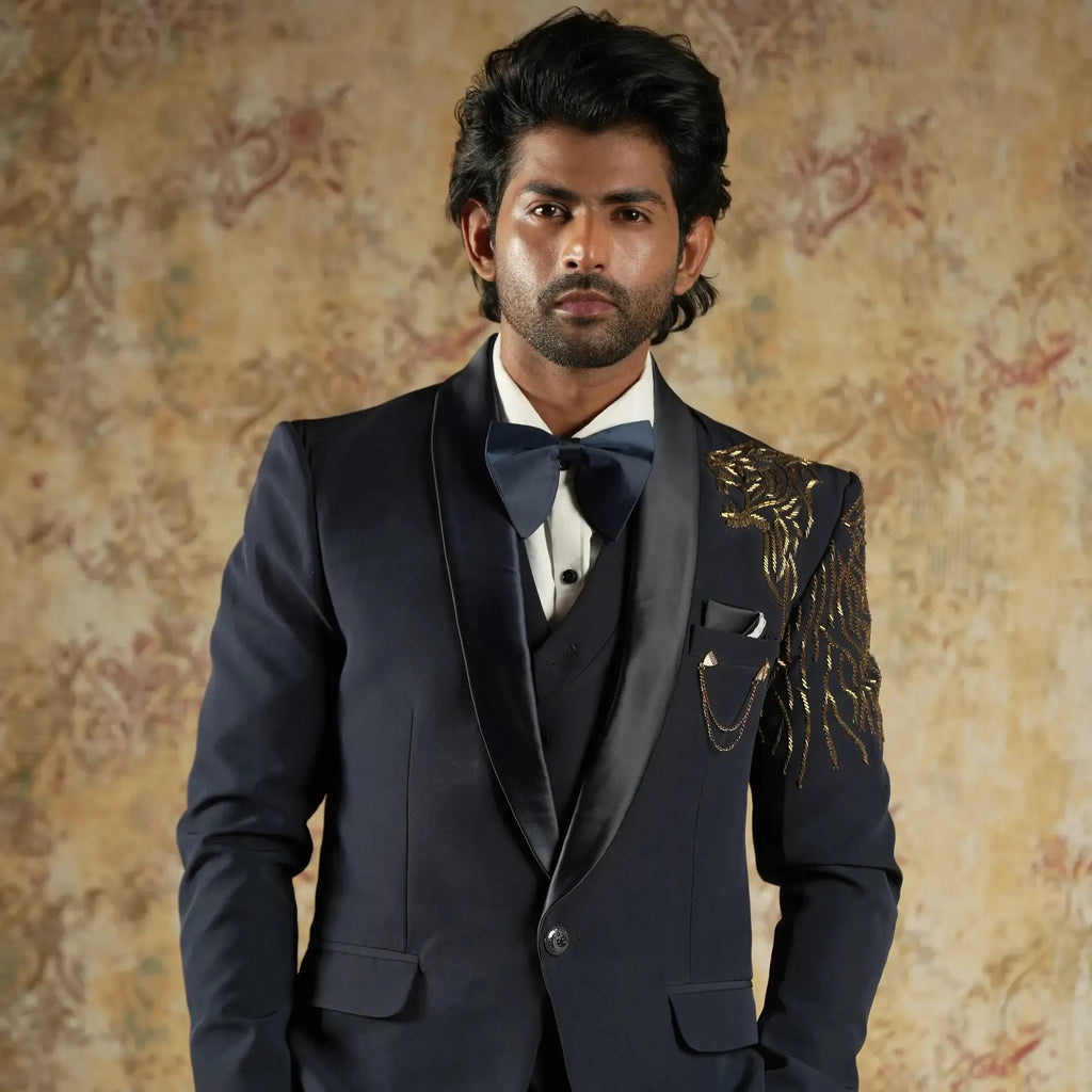 Dark blue wedding suit rental with waistcoat and bow tie