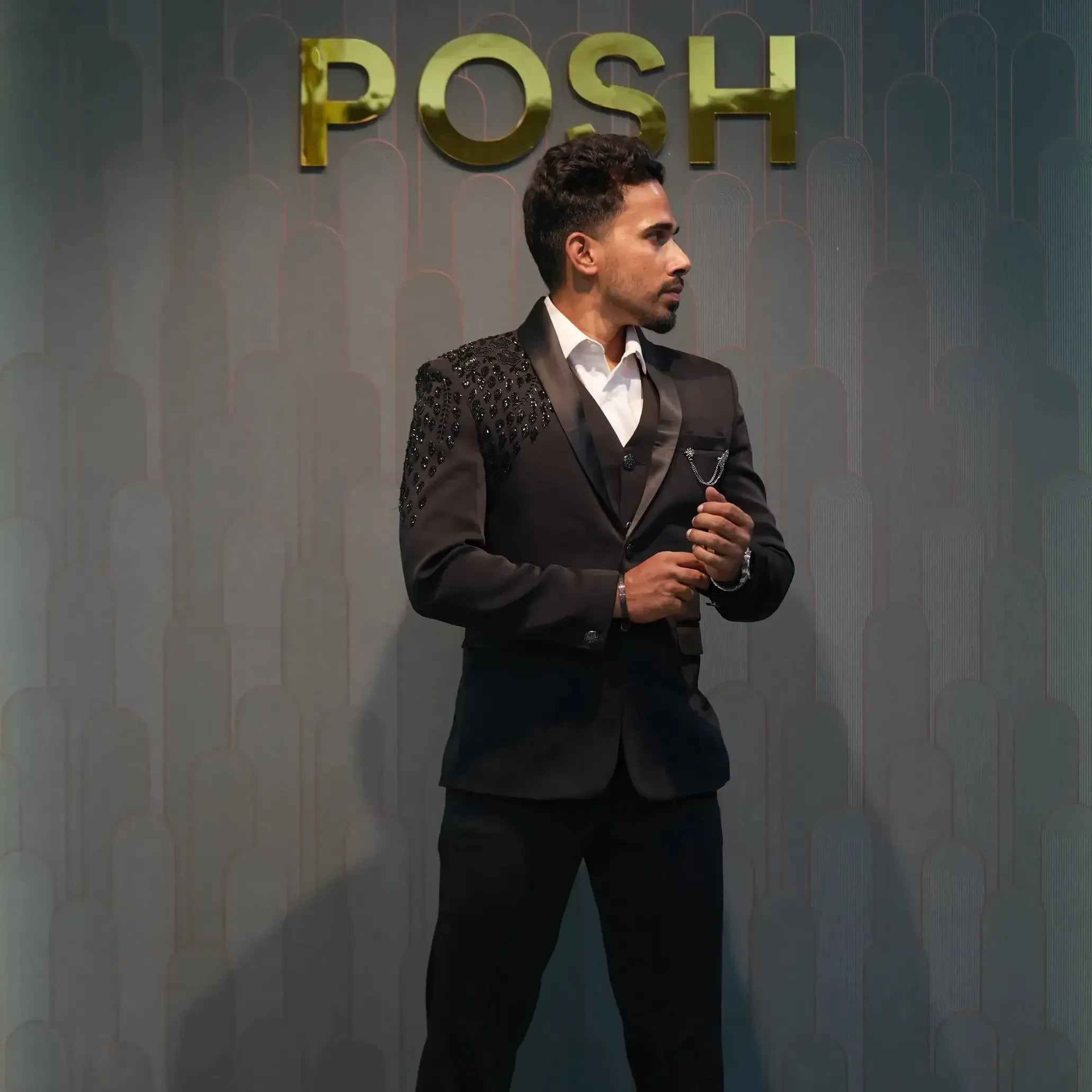 black suit wedding clothes rental groom reception style