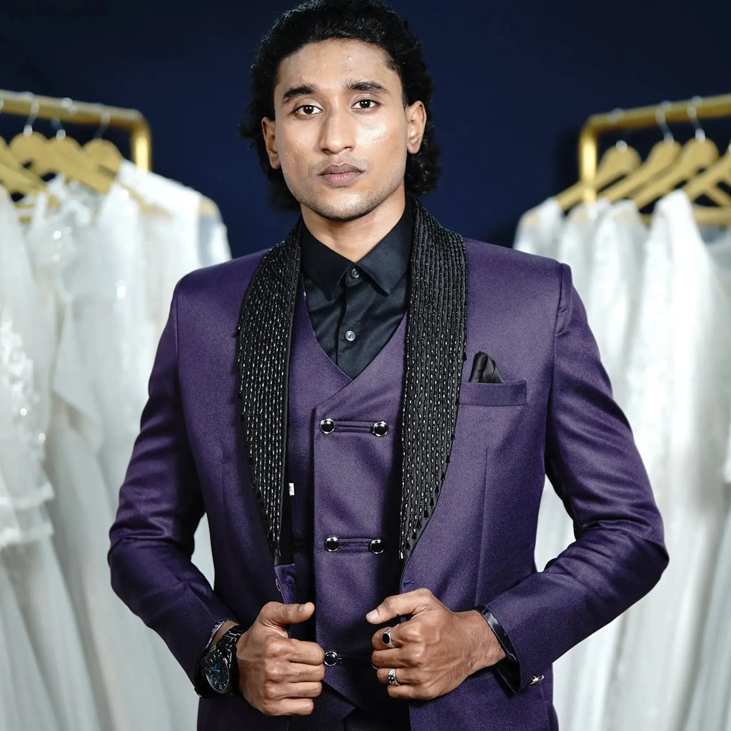 Purple wedding suit rental with tailored fit