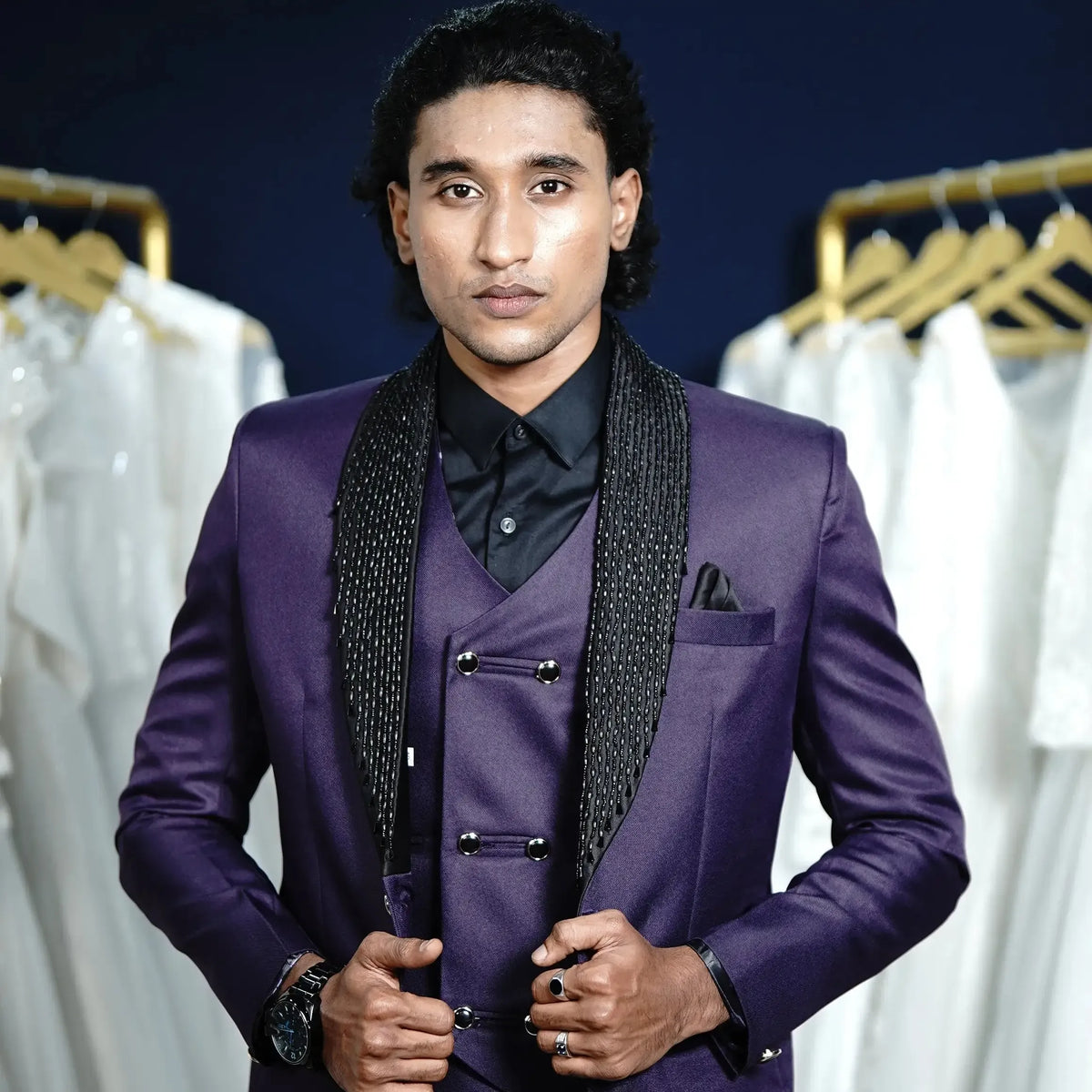 Elegant purple wedding suit with matching waistcoat
