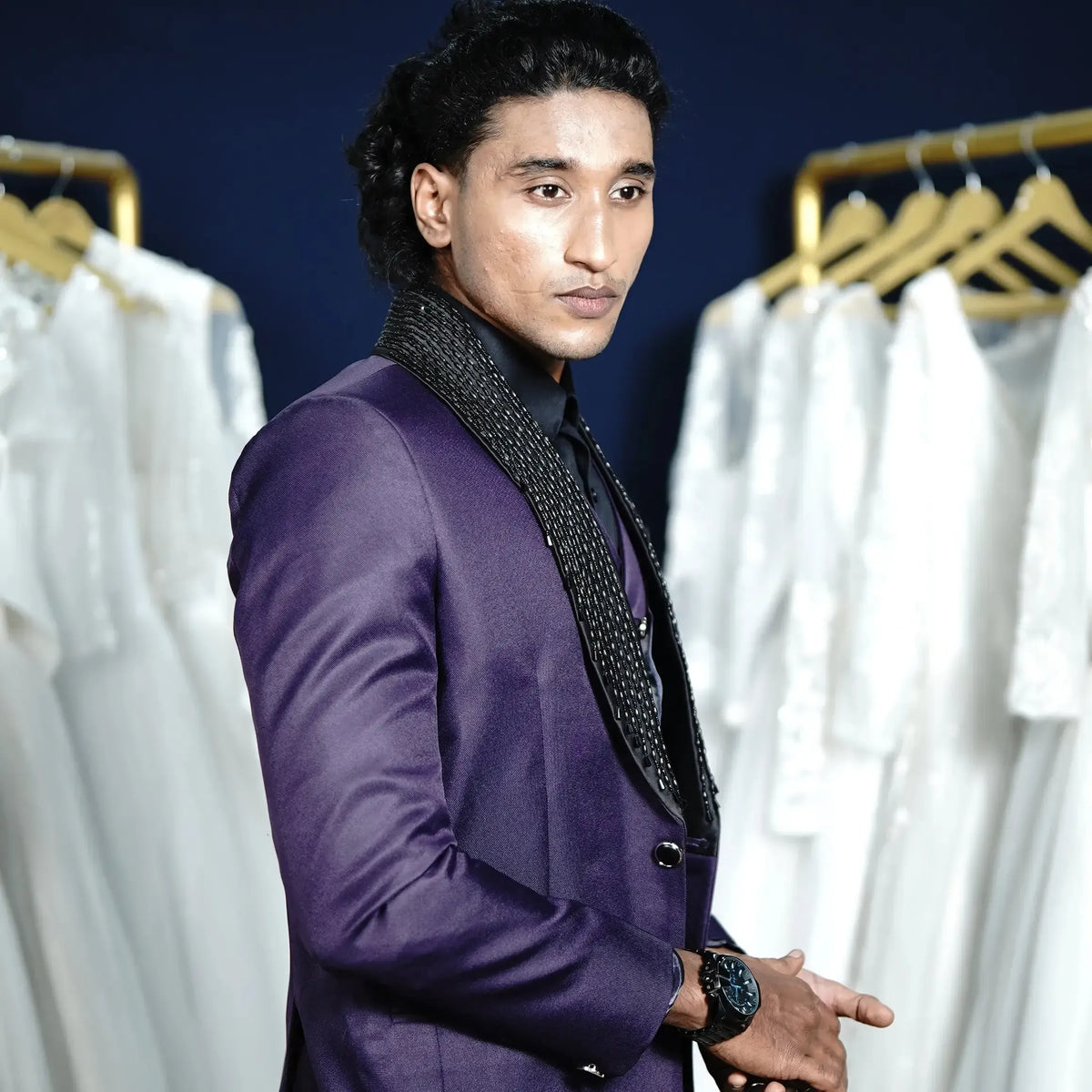 Purple groom suit for wedding reception