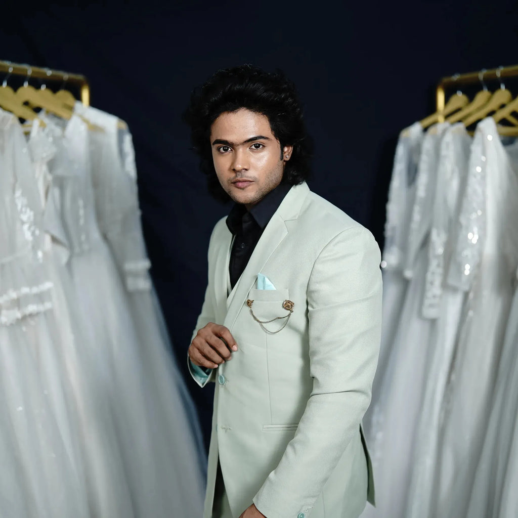 Pista green groom suit for wedding reception