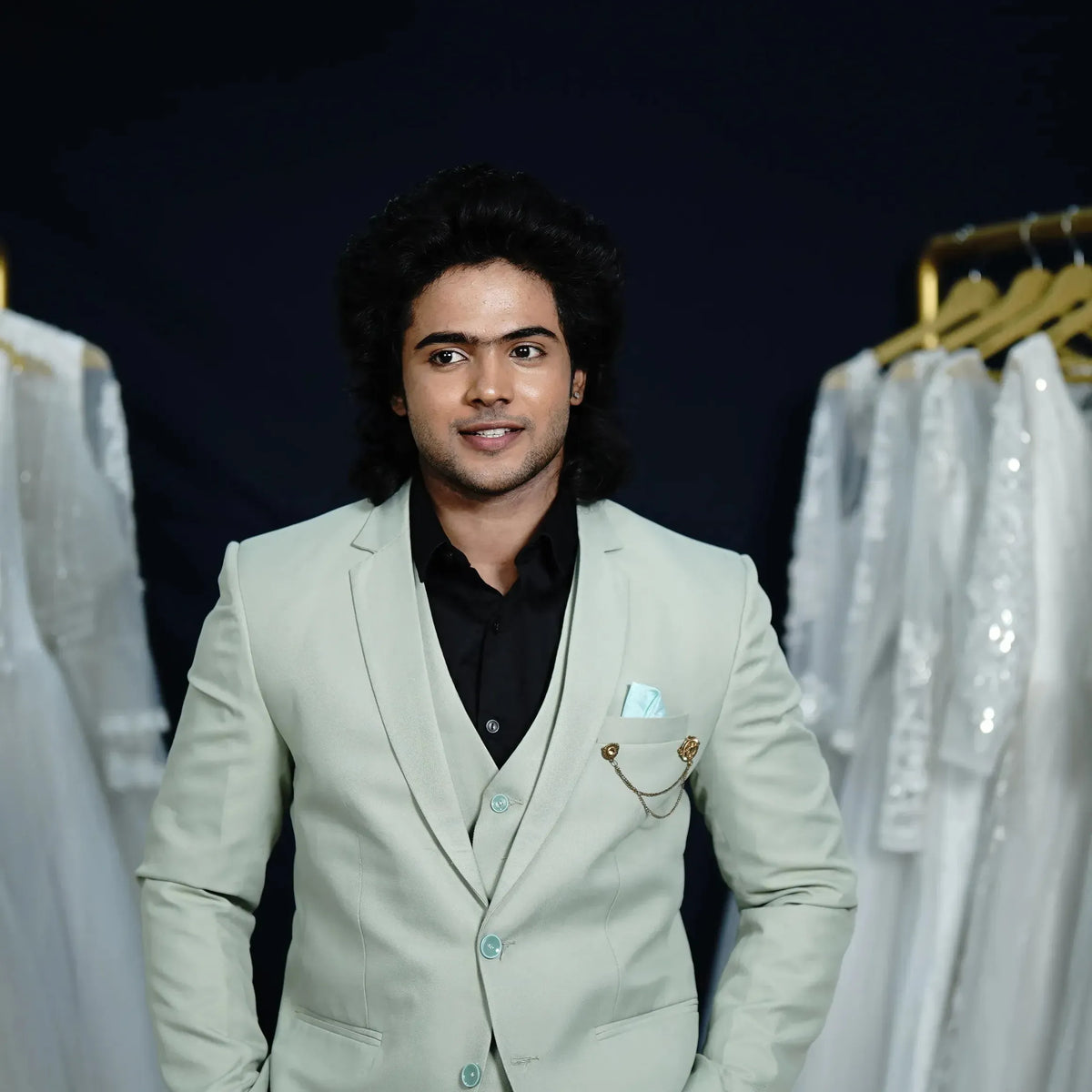 Pista green wedding suit rental with tailored fit