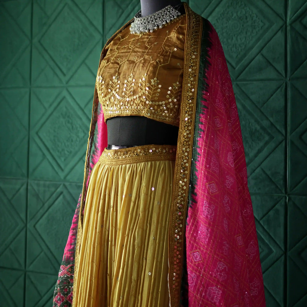 mustard bridal lehenga with pink dupatta rental