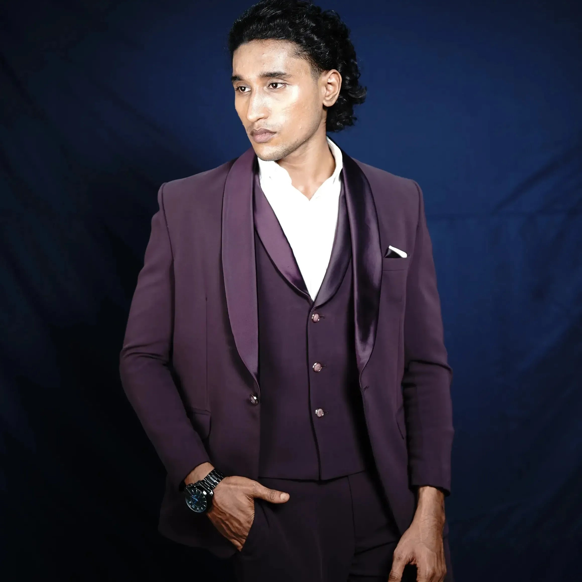 purple suit wedding outfit rentals groom reception look