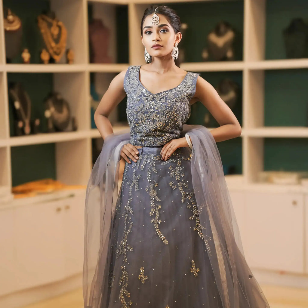 designer grey lehenga wedding attire rental kerala