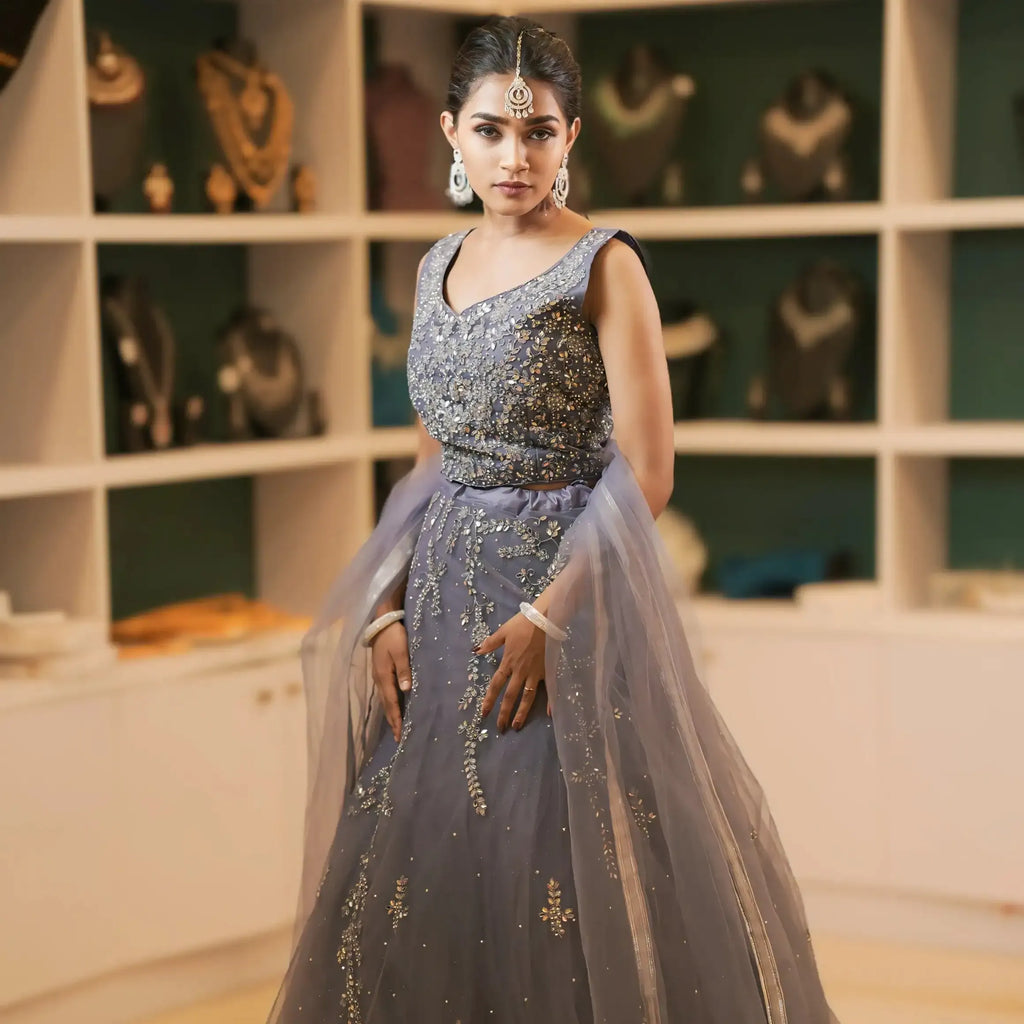 grey lehenga wedding clothes rental elegant party wear