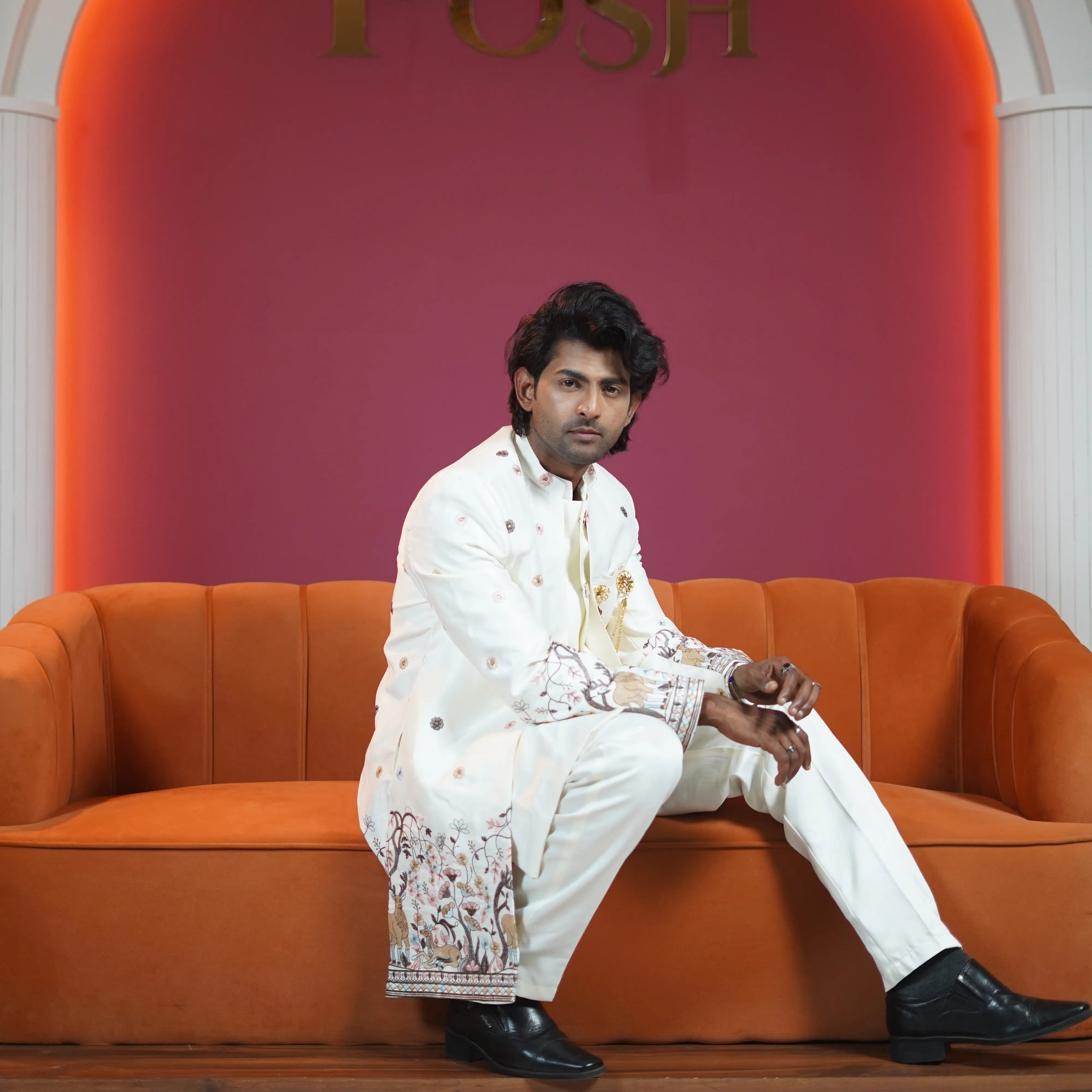 ivory embroidered designer sherwani for groom available at Posh Wedding Rental Kerala sherwani rental