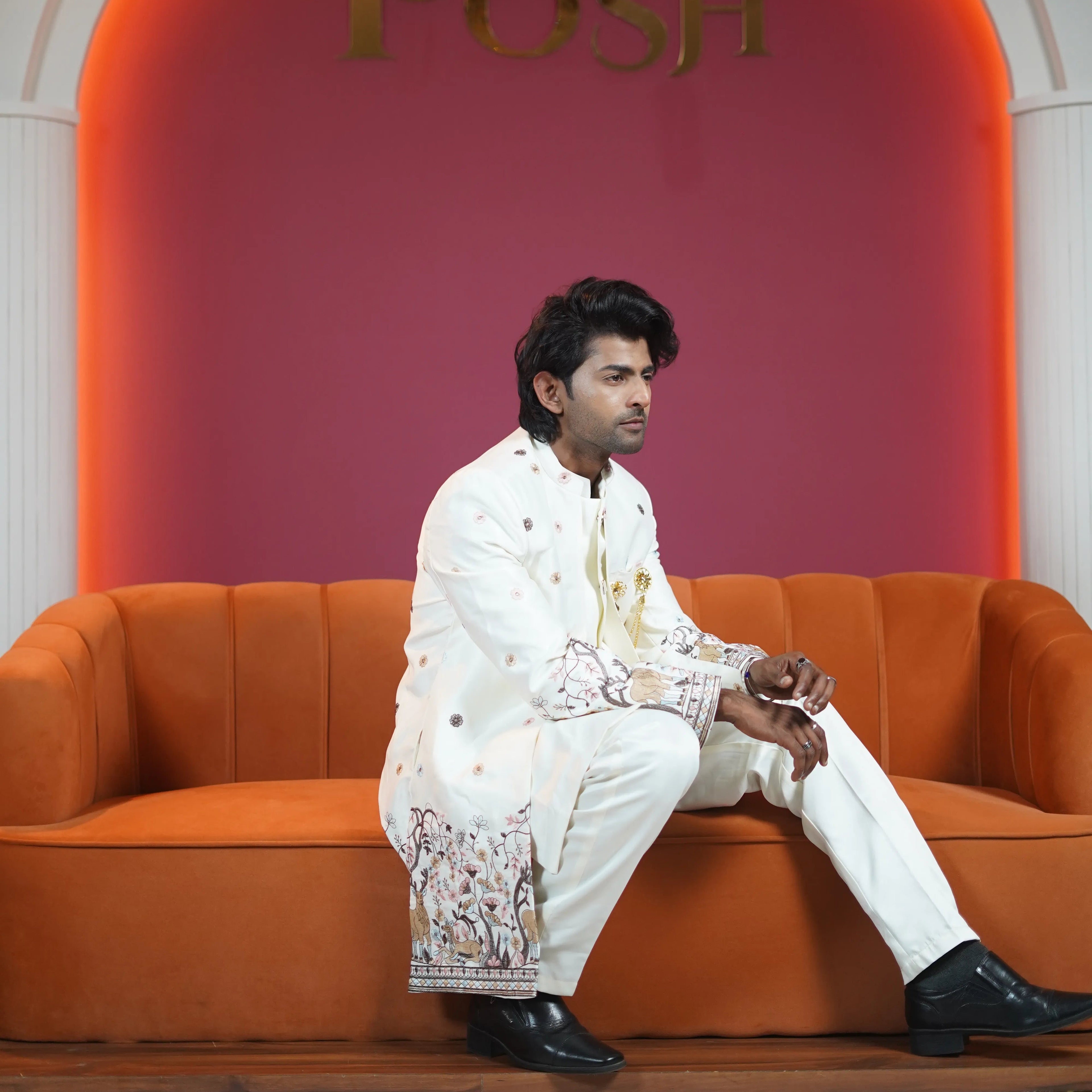 ivory embroidered designer sherwani for groom available at Posh Wedding Rental Kerala sherwani rental