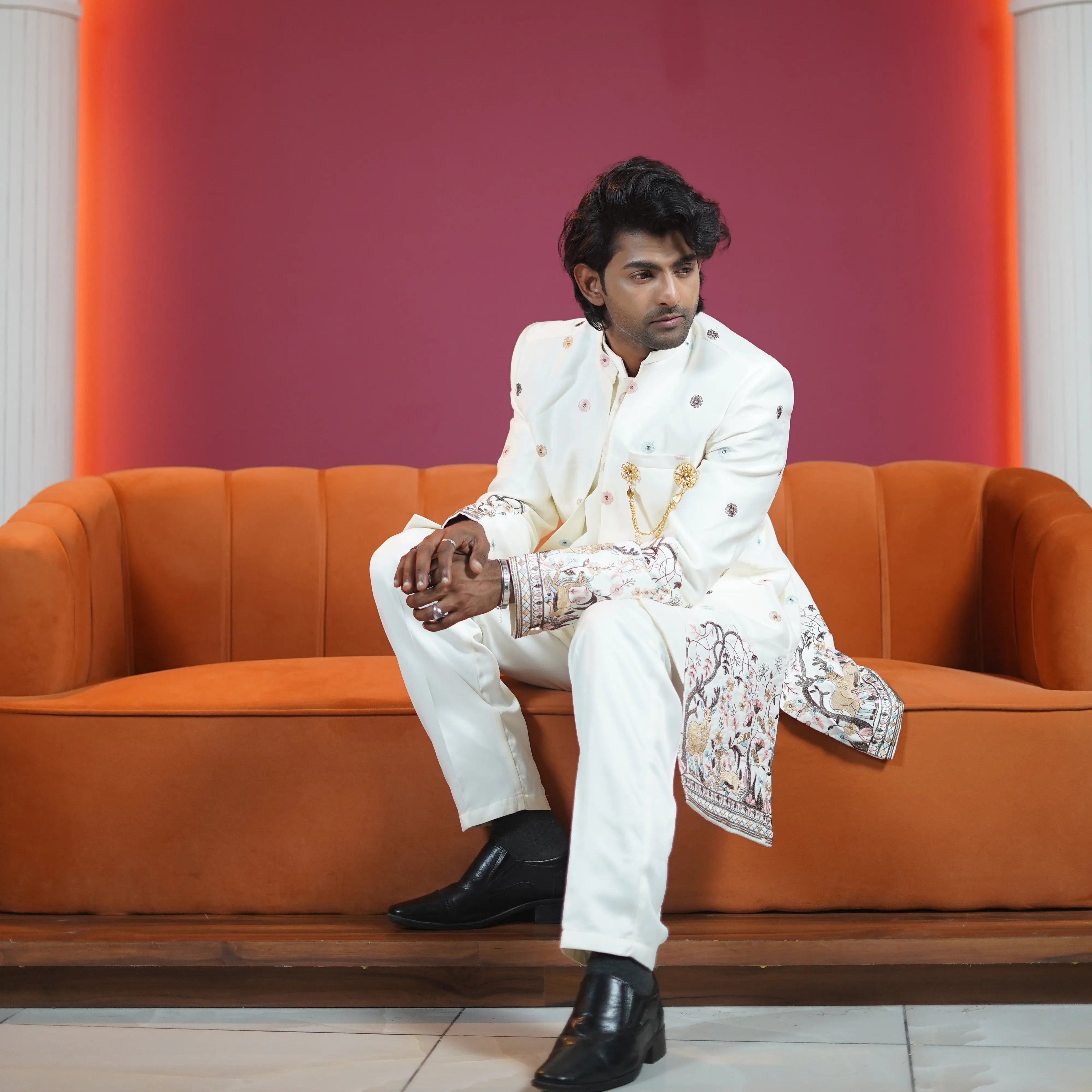 ivory embroidered designer sherwani for groom available at Posh Wedding Rental Kerala sherwani rental