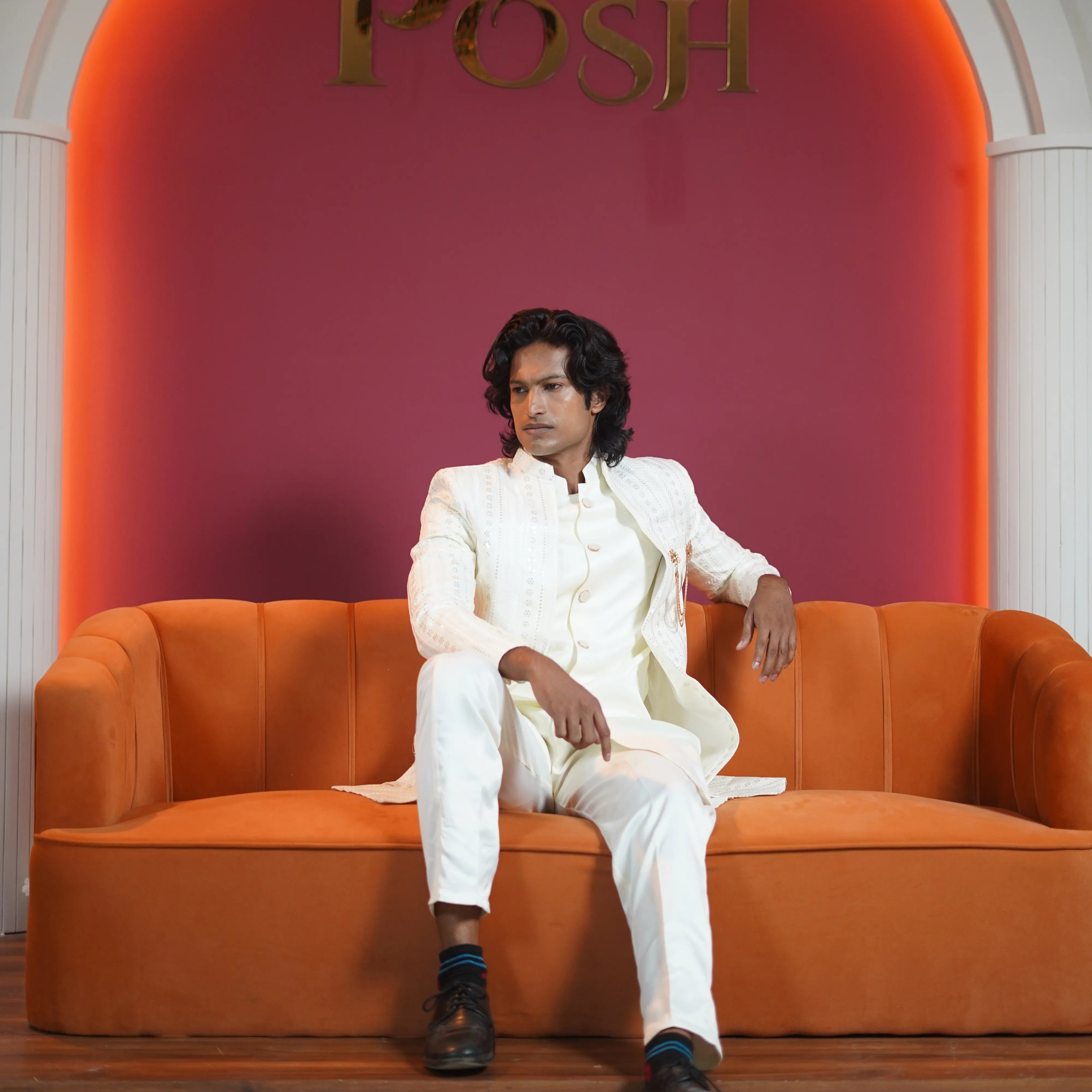 White embroidered groom Indo-Western available on rent at Posh Wedding Rentals Kerala.
