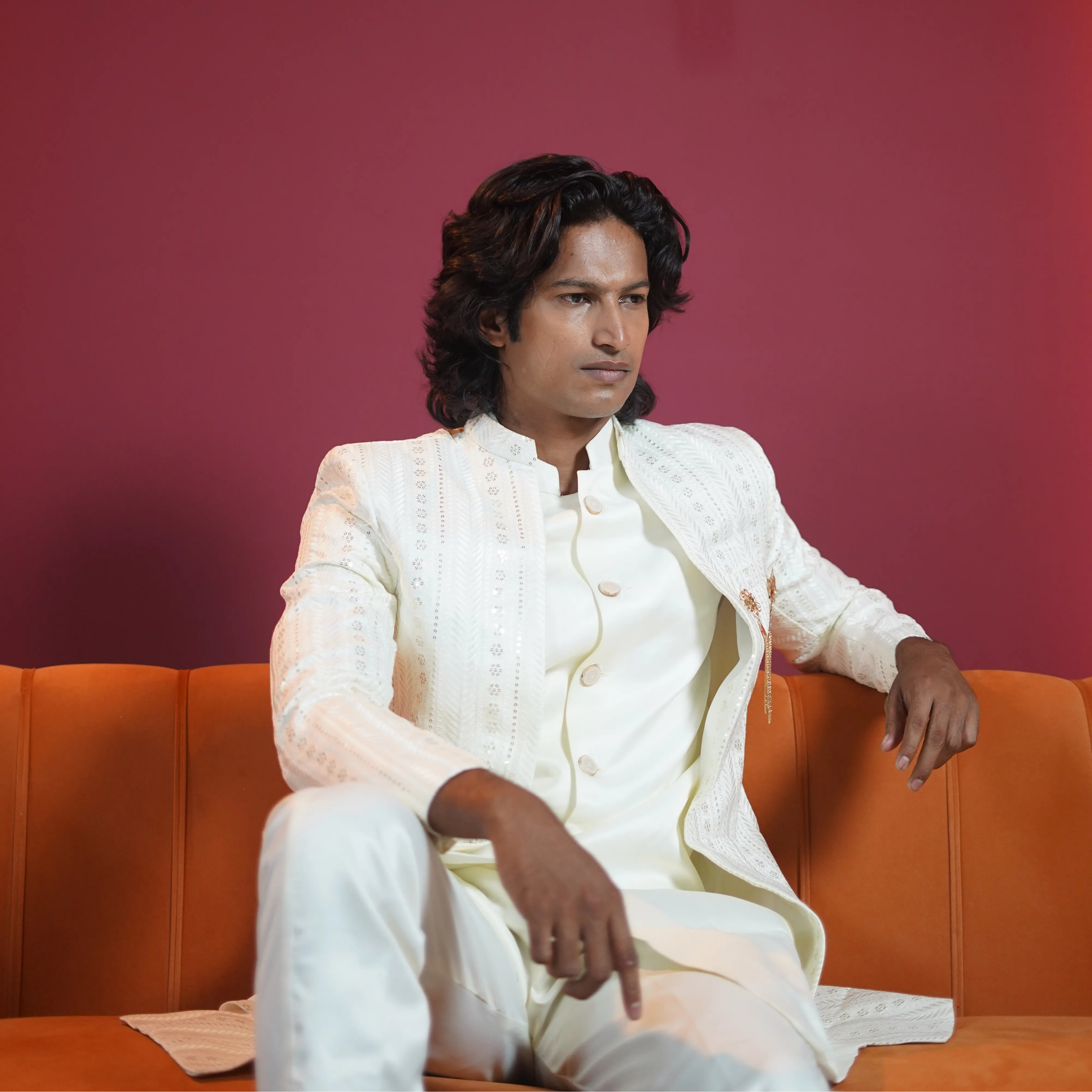 White embroidered groom Indo-Western available on rent at Posh Wedding Rentals Kerala.
