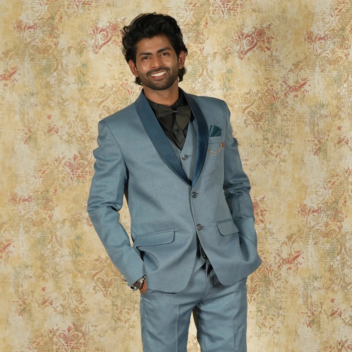 Light blue wedding suit rental with waistcoat and trousers