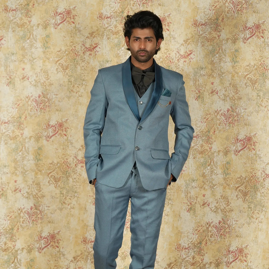 Light blue groom tuxedo for wedding reception