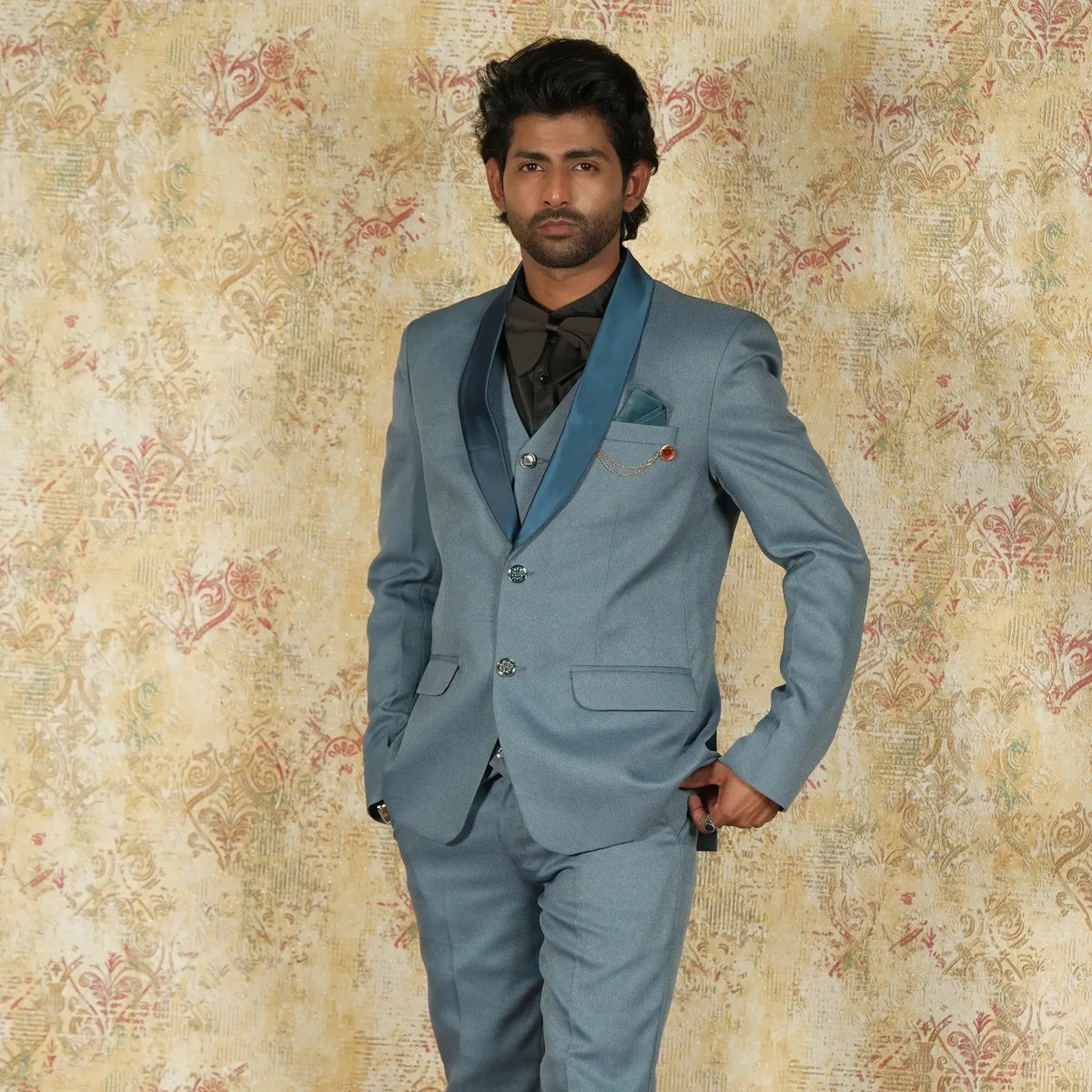 Light blue designer tuxedo with contrasting shawl lapel
