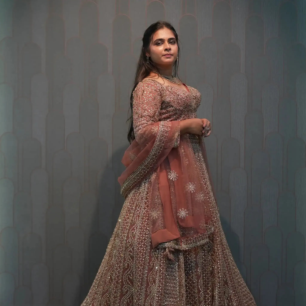 brown embellished crop top wedding outfit rentals kerala