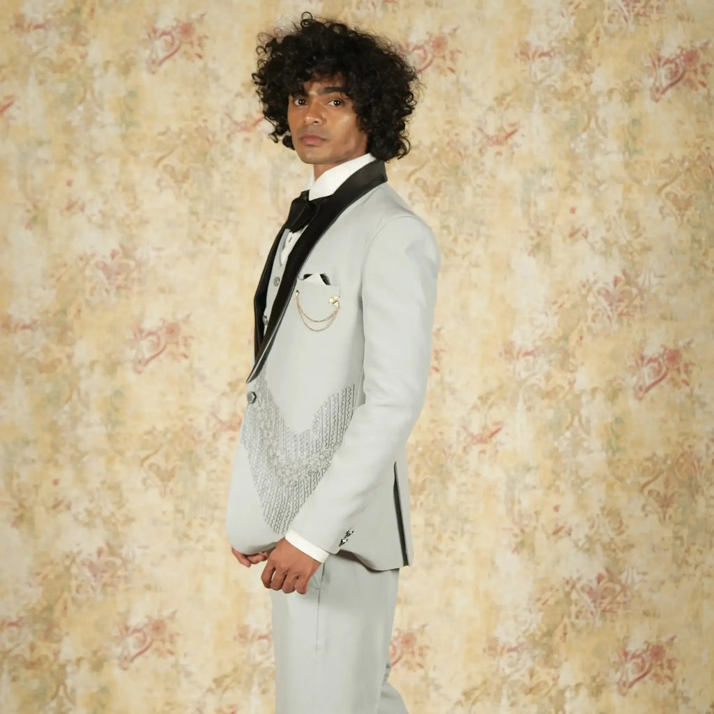 Light grey designer groom tuxedo with embroidered blazer