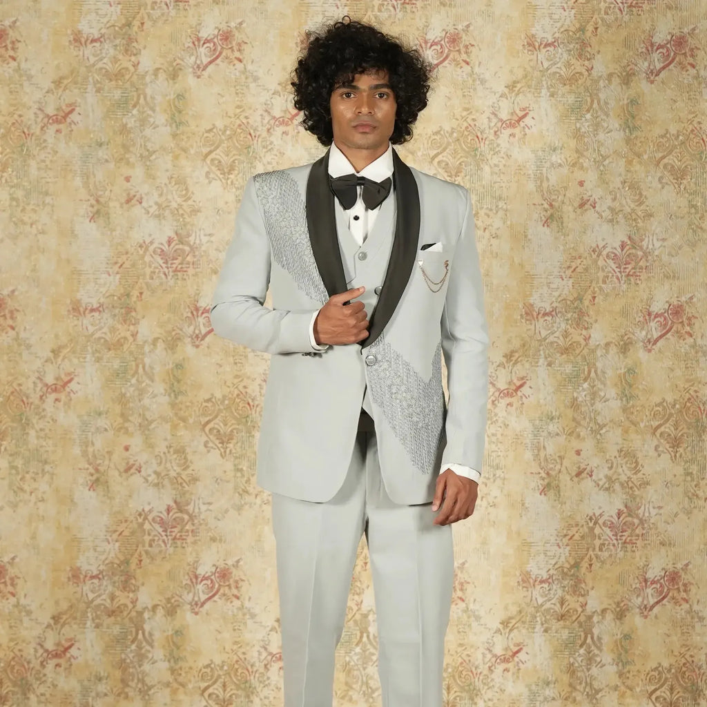 Light grey groom suit for wedding reception