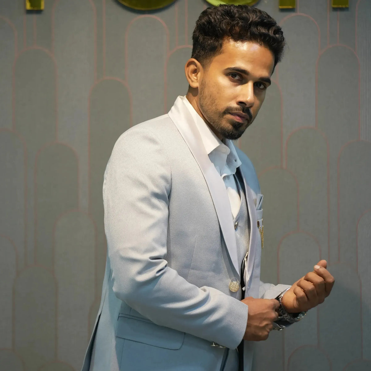 Light grey groom suit for wedding reception