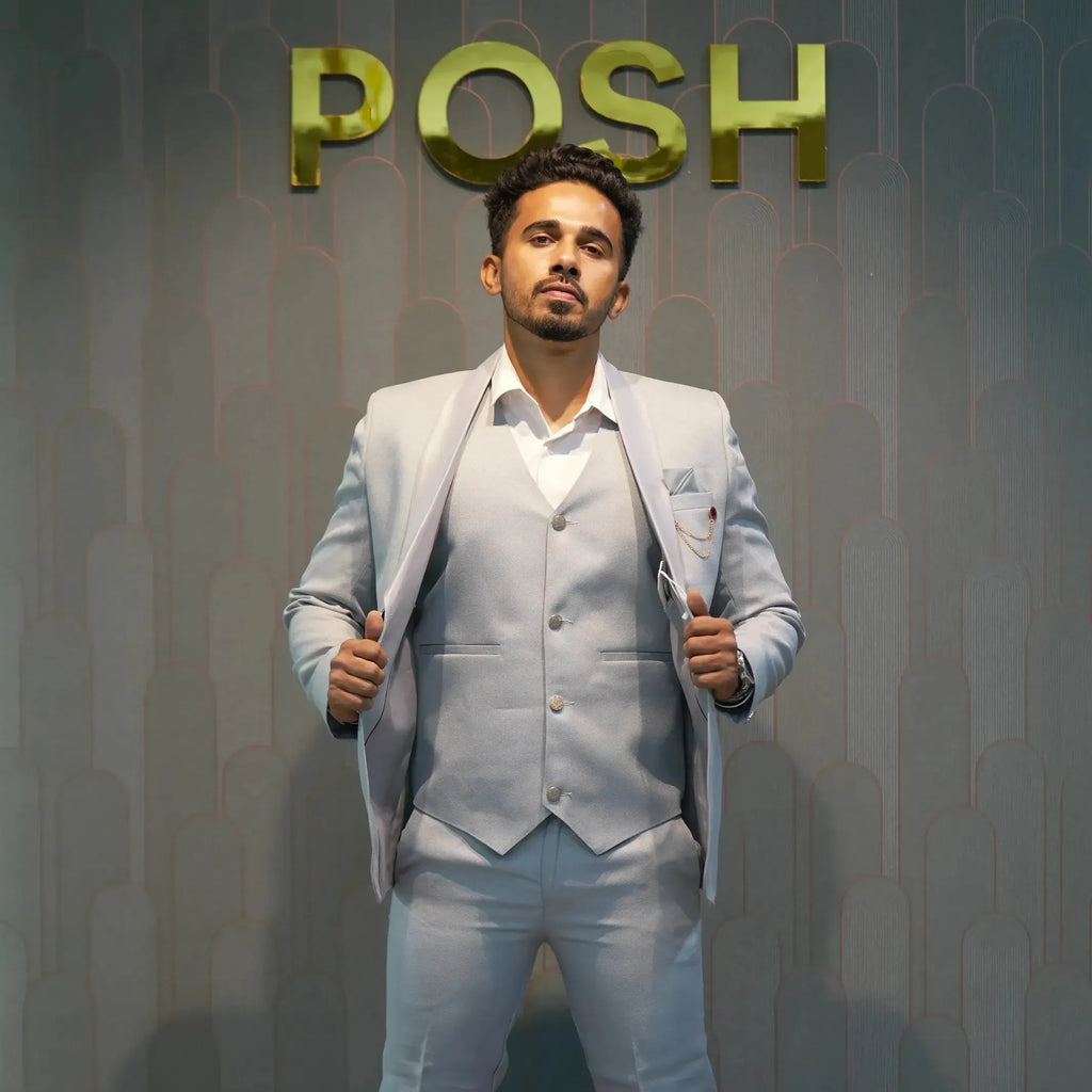 Light grey wedding suit rental with tailored trousers