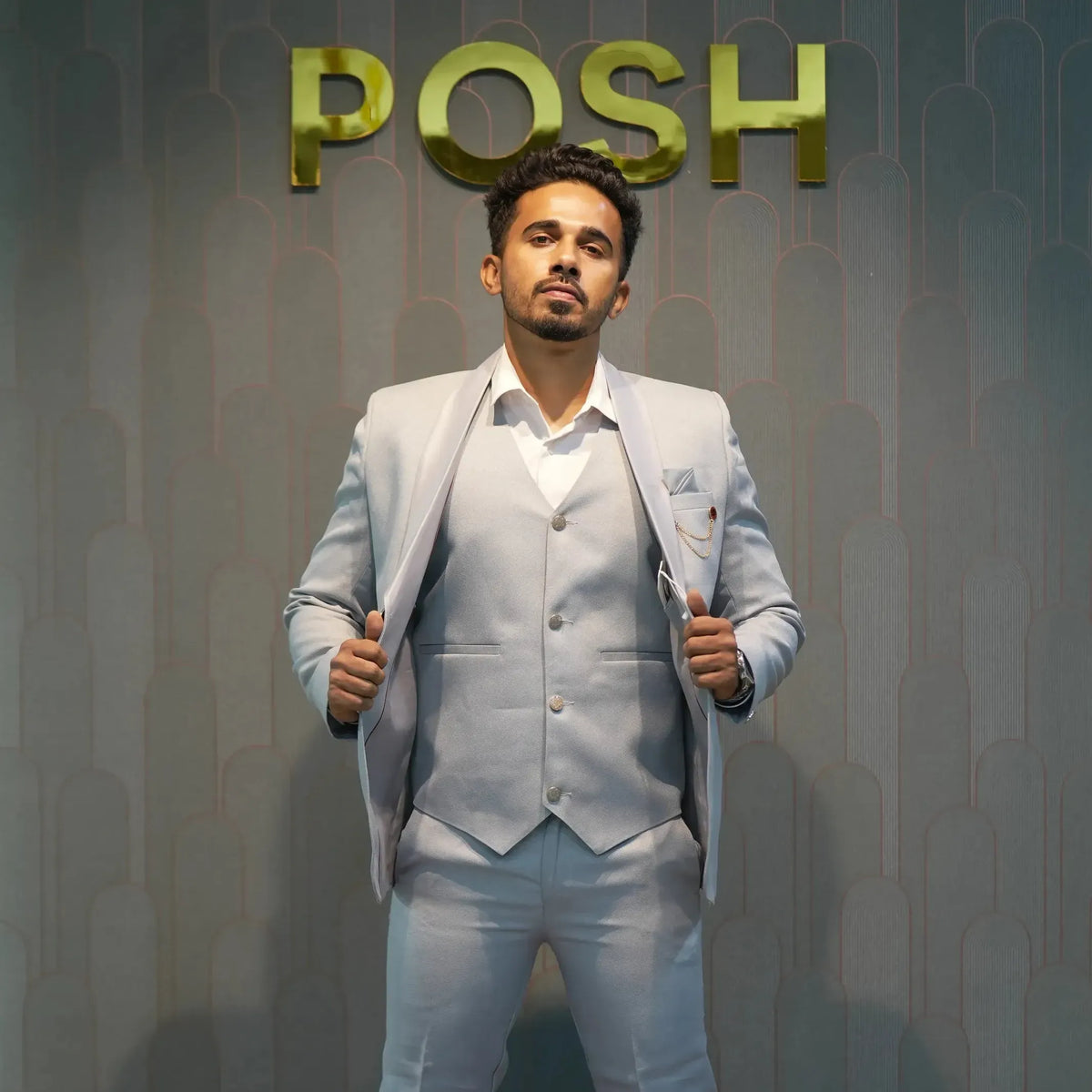 Light grey wedding suit rental with tailored trousers