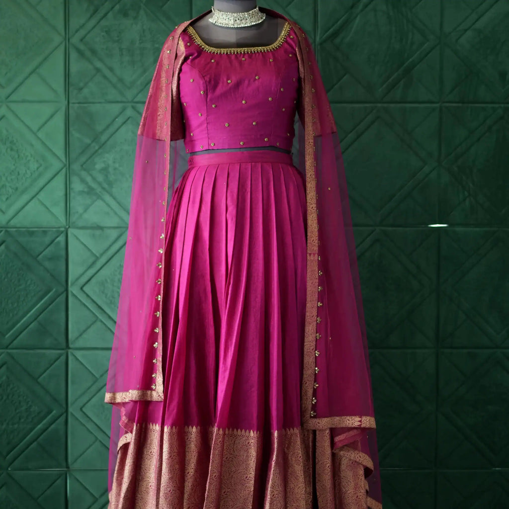 magenta silk crop top lehenga with dupatta for wedding rental kerala