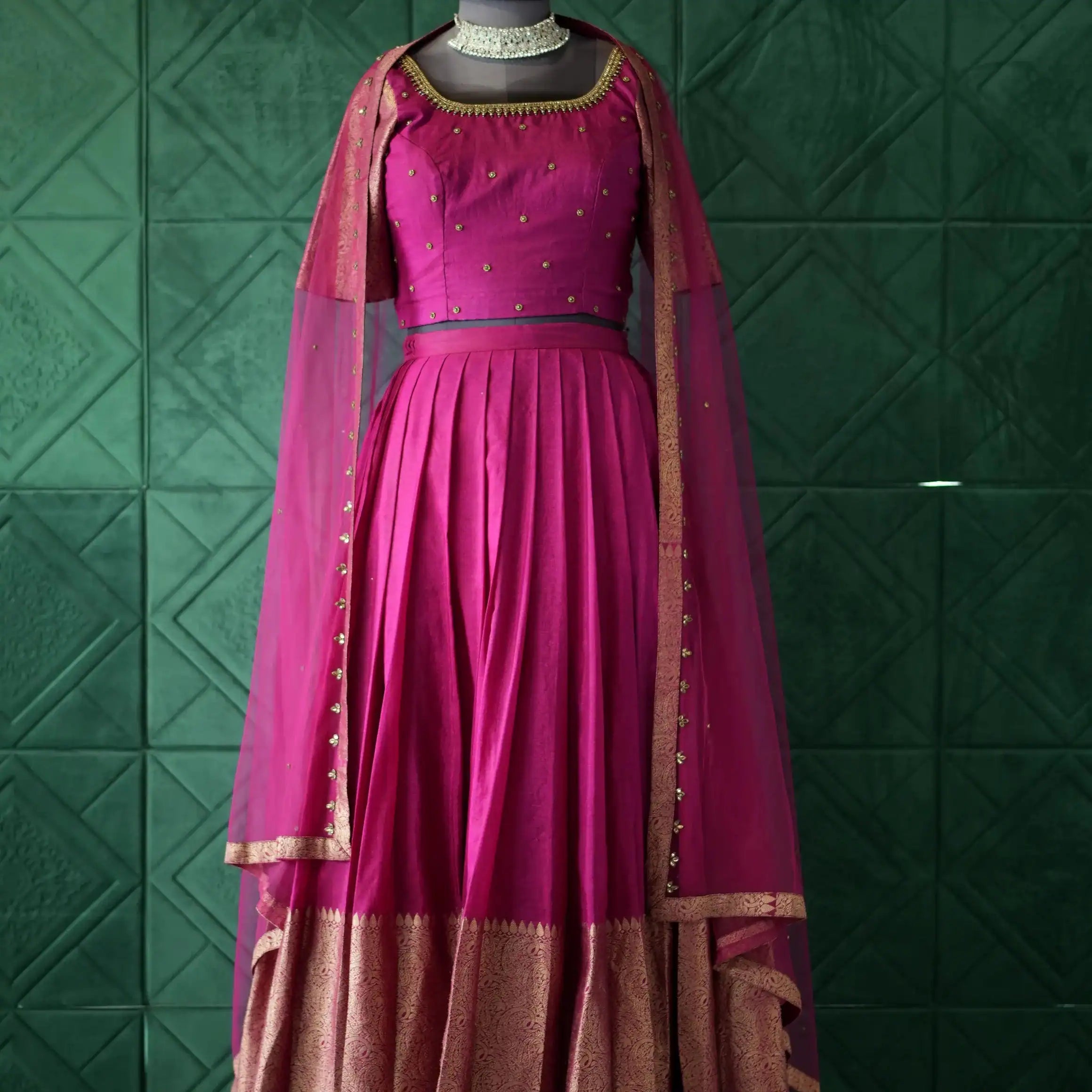magenta silk crop top lehenga with dupatta for wedding rental kerala