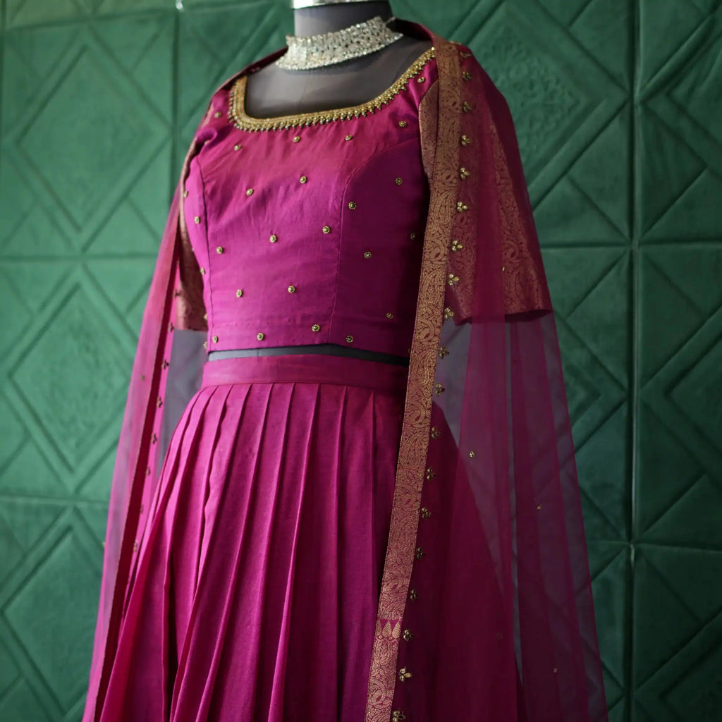 magenta silk crop top lehenga with dupatta for wedding rental kerala