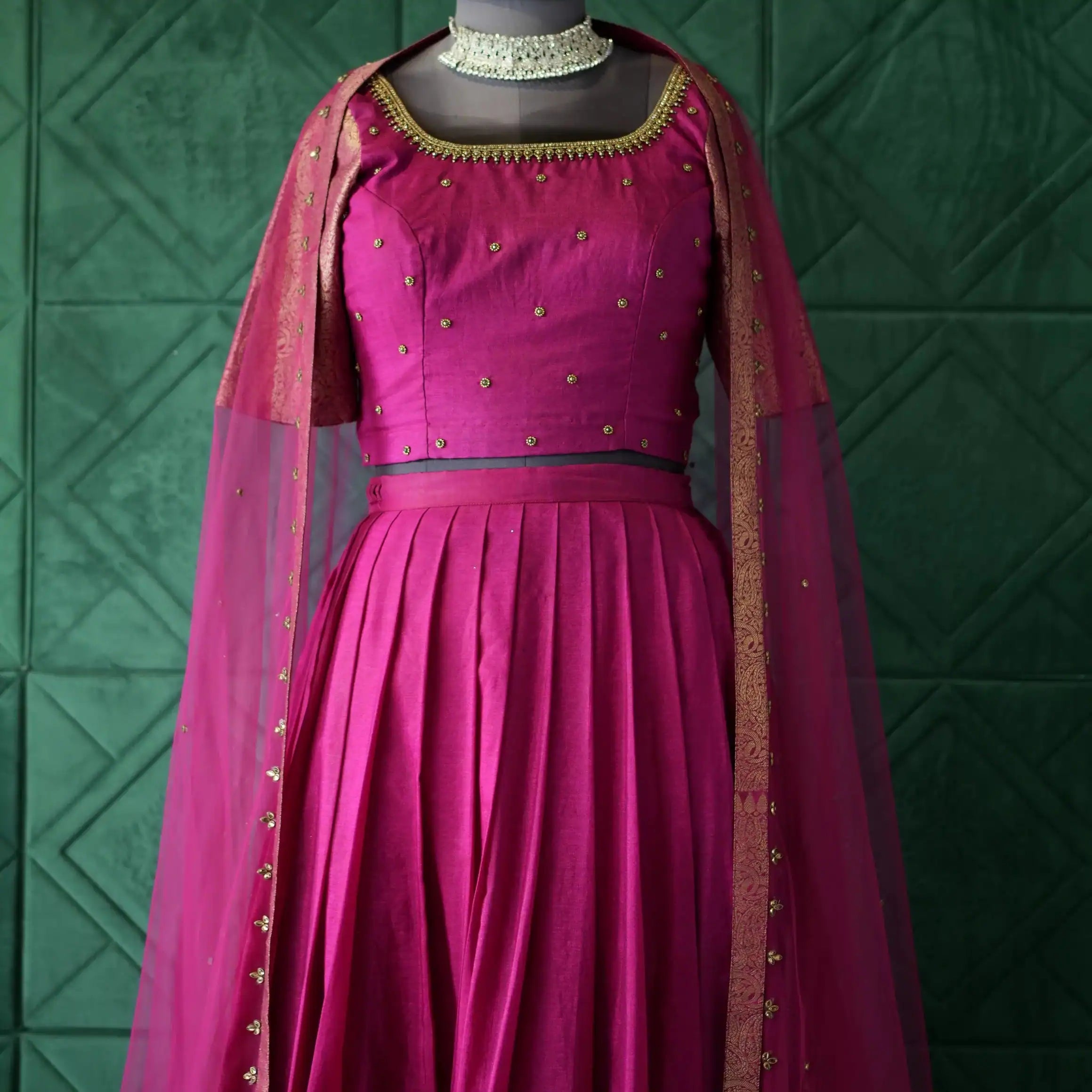 magenta silk crop top lehenga with dupatta for wedding rental kerala
