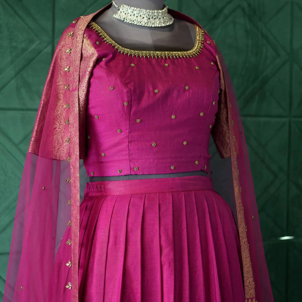 magenta silk crop top lehenga with dupatta for wedding rental kerala