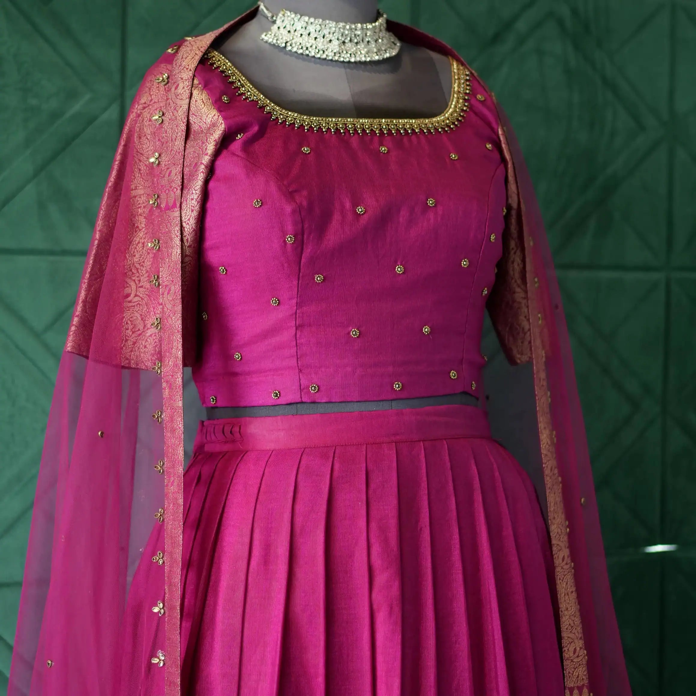 magenta silk crop top lehenga with dupatta for wedding rental kerala