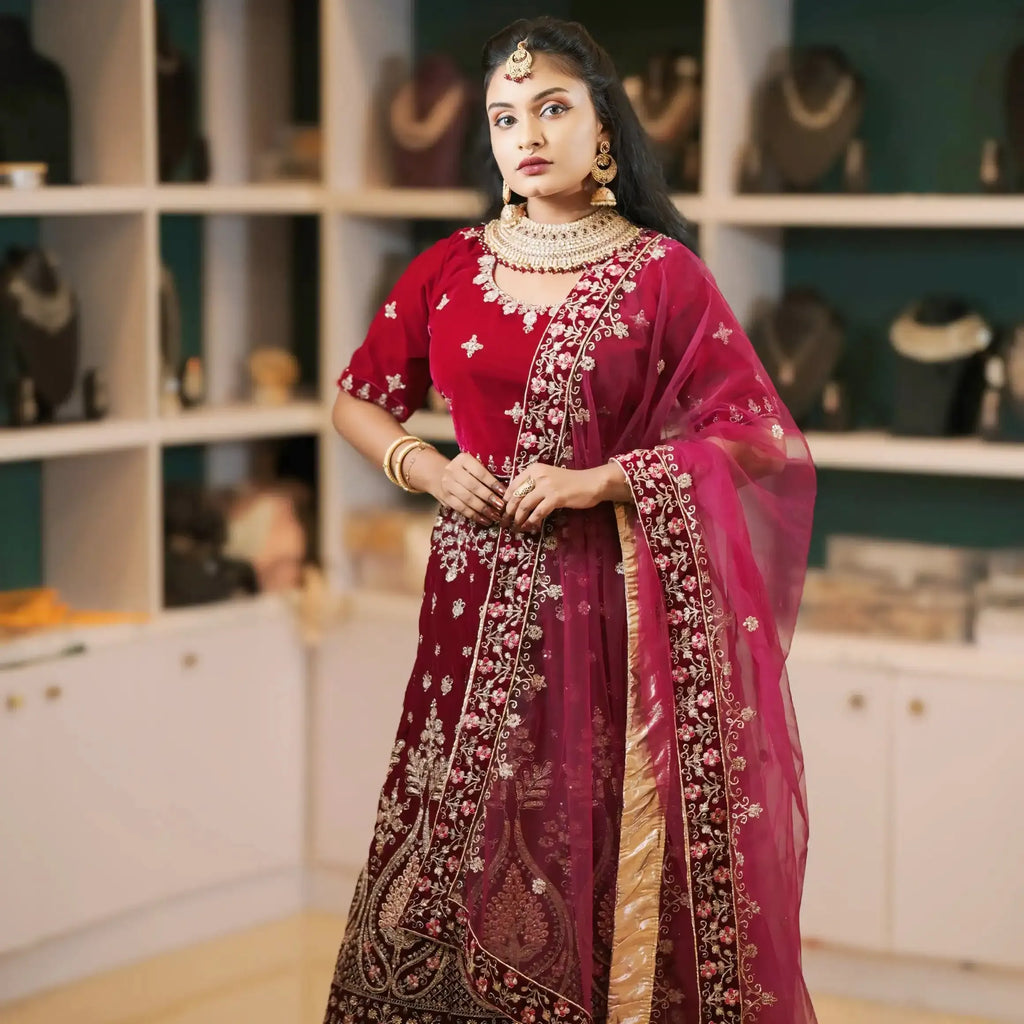 maroon bridal lehenga wedding dress rental kerala traditional outfit